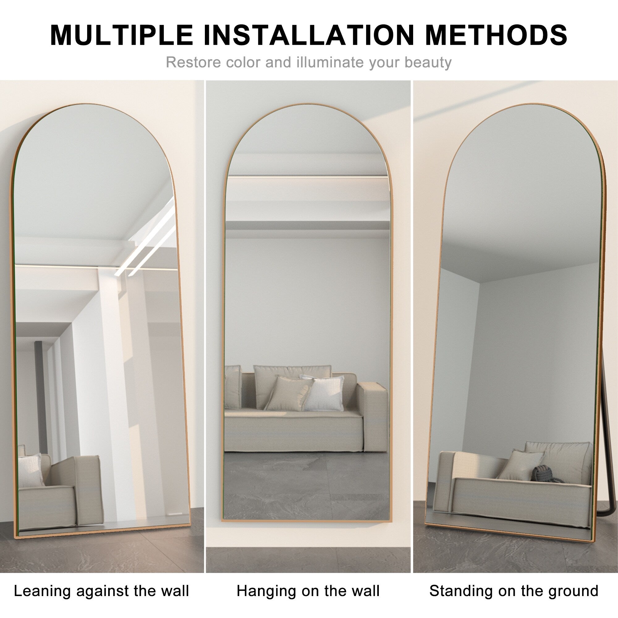 Arched Full-Length Standing Wood Floor Mirror, Wall Mirror