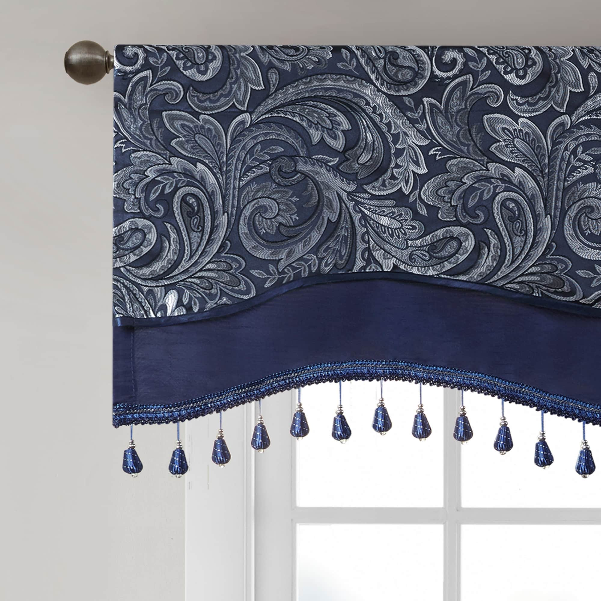 Madison Park Whitman Jacquard Window Rod Pocket Valance with Beads - 50 x 18