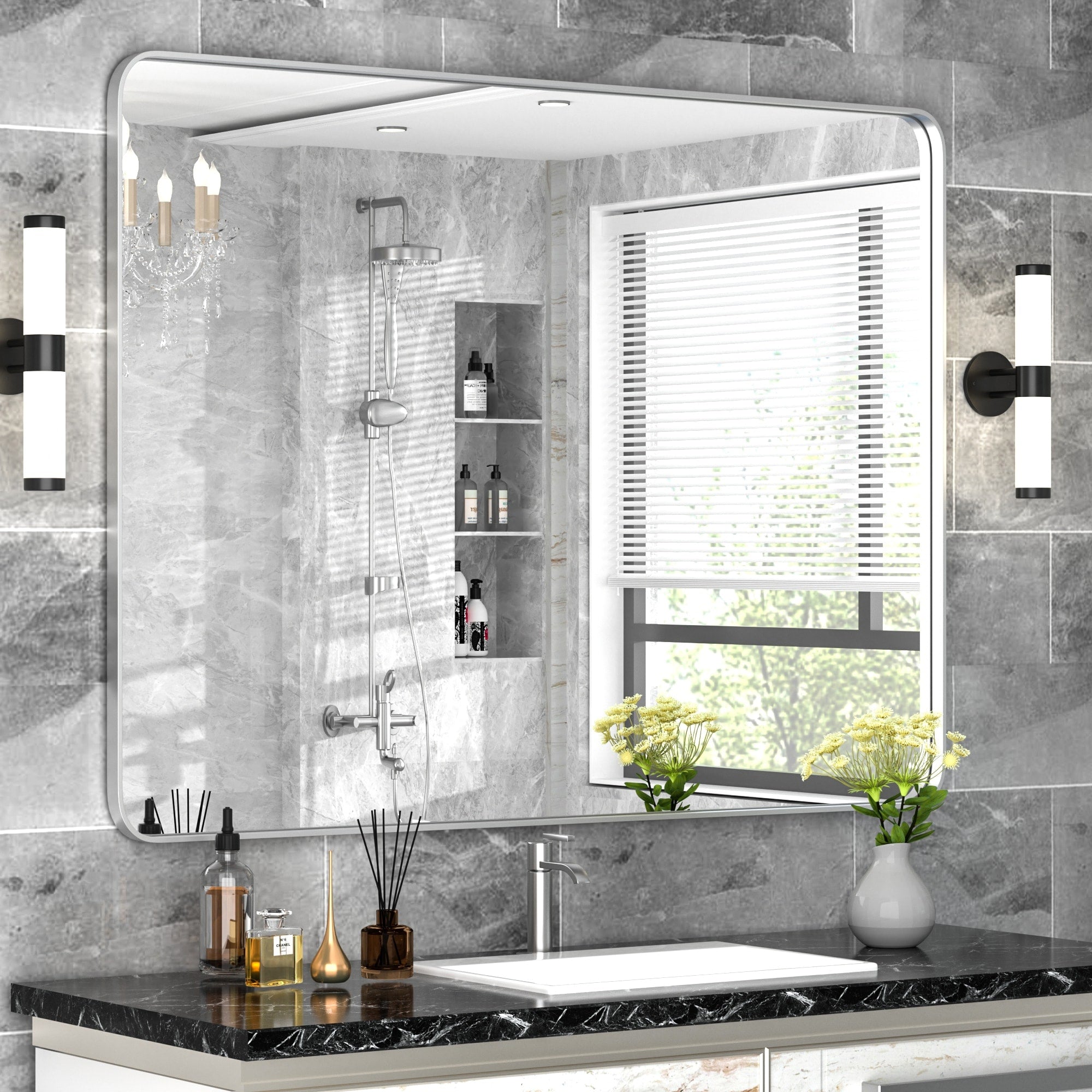 Modern Wall Mirrors, Rectangular Mirror with Stainless Steel Framed, Bathroom Mirror with Round Corner, Vanity Mirror