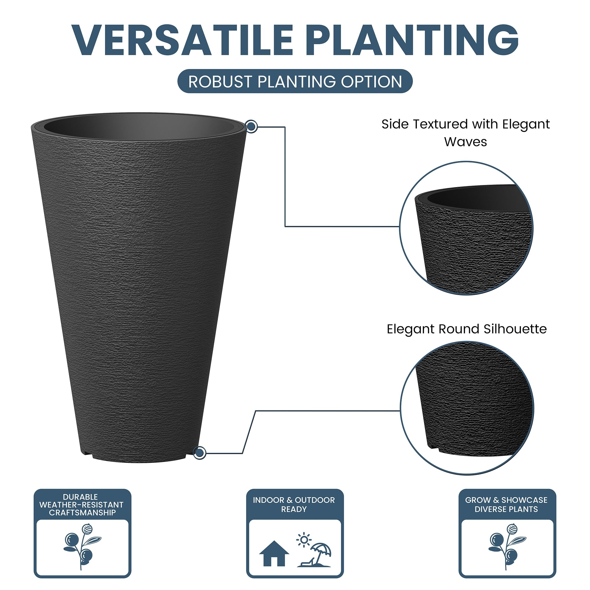 Black Tall Plastic Round Plant Pots / Large Indoor and Outdoor Flower Planters, 2 Piece Set