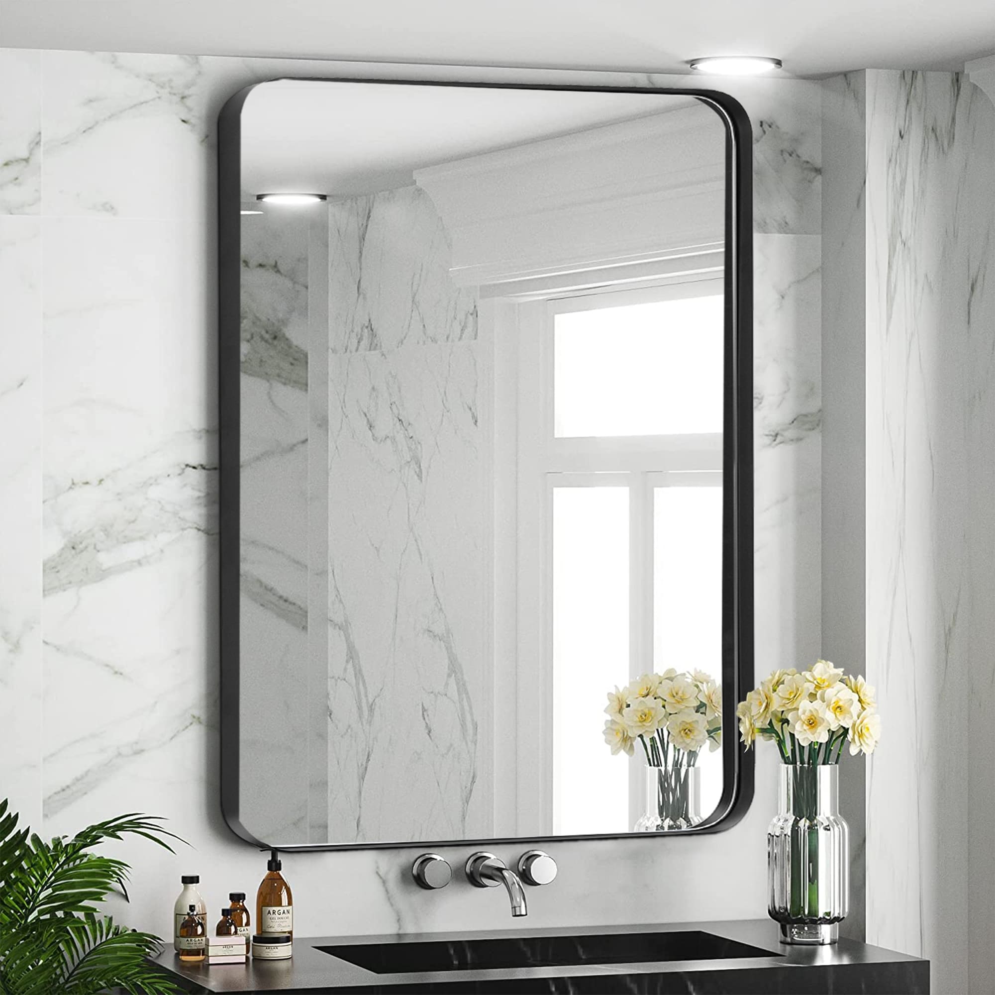 Modern Wall Mirrors, Rectangular Mirror with Stainless Steel Framed, Bathroom Mirror with Round Corner, Vanity Mirror