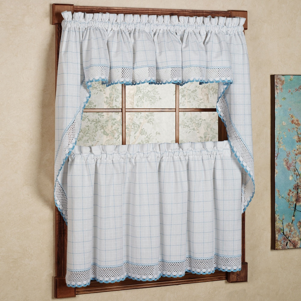 Cotton Classic White/ Blue Window Pane Pattern and Crotchet Trim Tiers, Swags and Valance Options