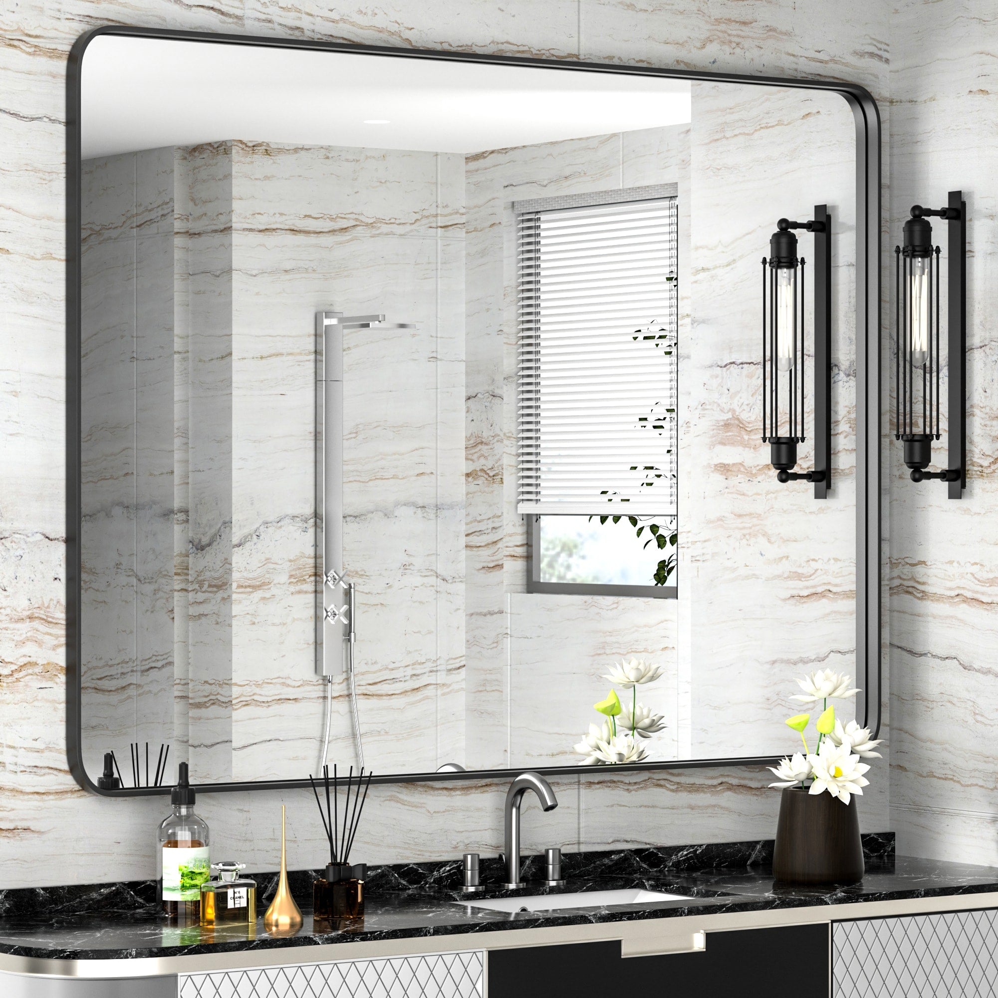 Modern Wall Mirrors, Rectangular Mirror with Stainless Steel Framed, Bathroom Mirror with Round Corner, Vanity Mirror