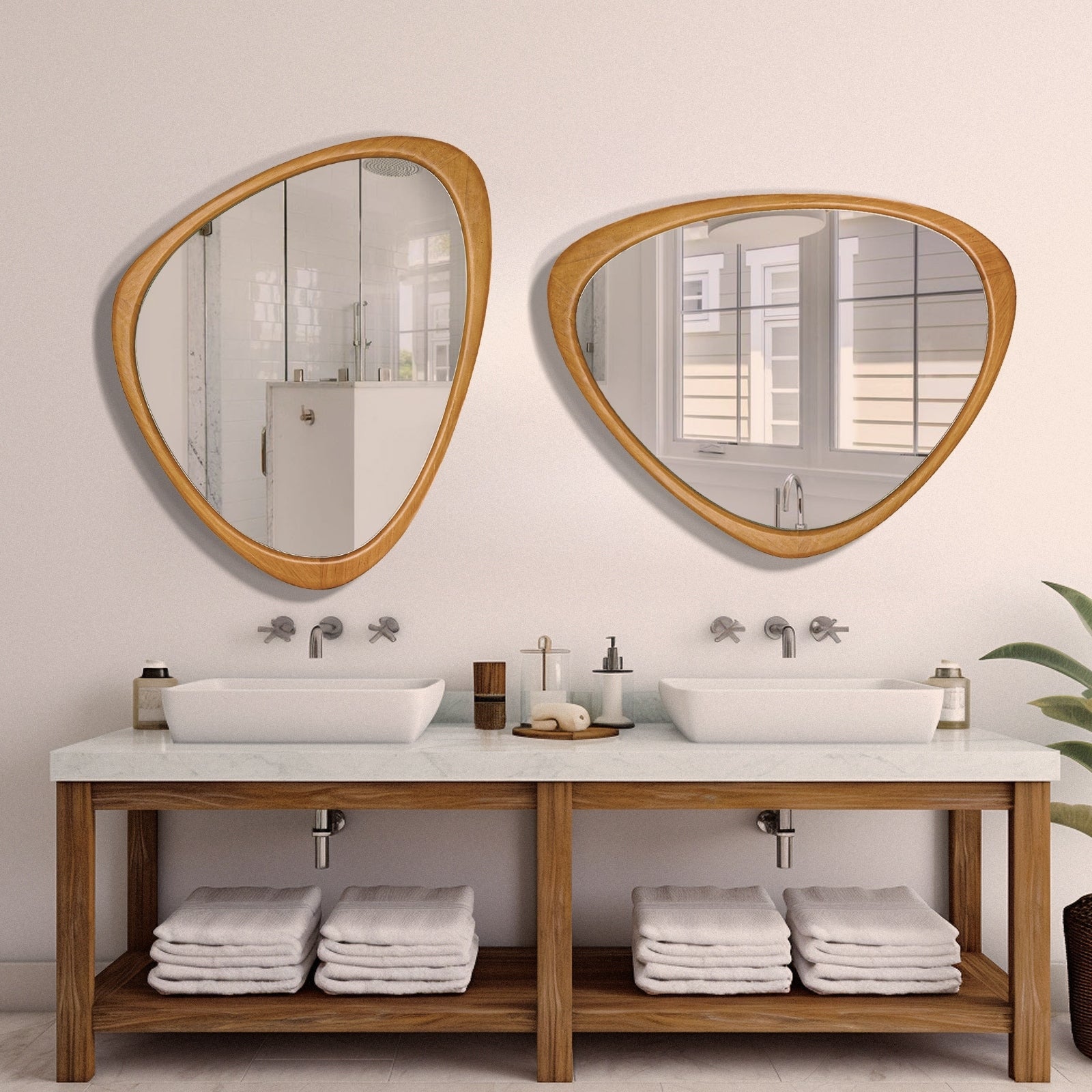 Pine Wooden Frame Asymmetrical Cobblestone Shaped Wall Mirror