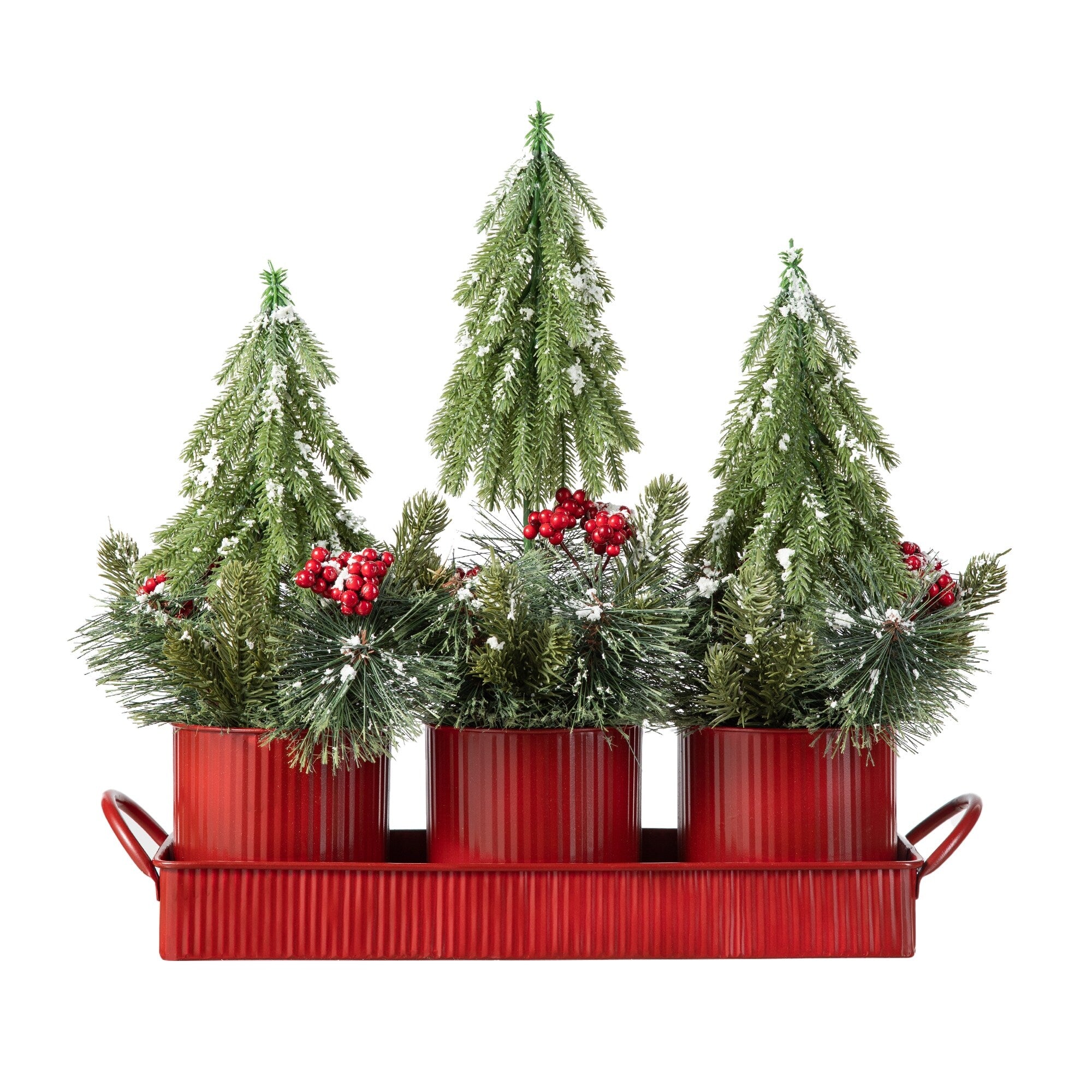 Glitzhome Christmas Red Sleigh Frosted Boot Floral Metal Potted Tree Table Decor