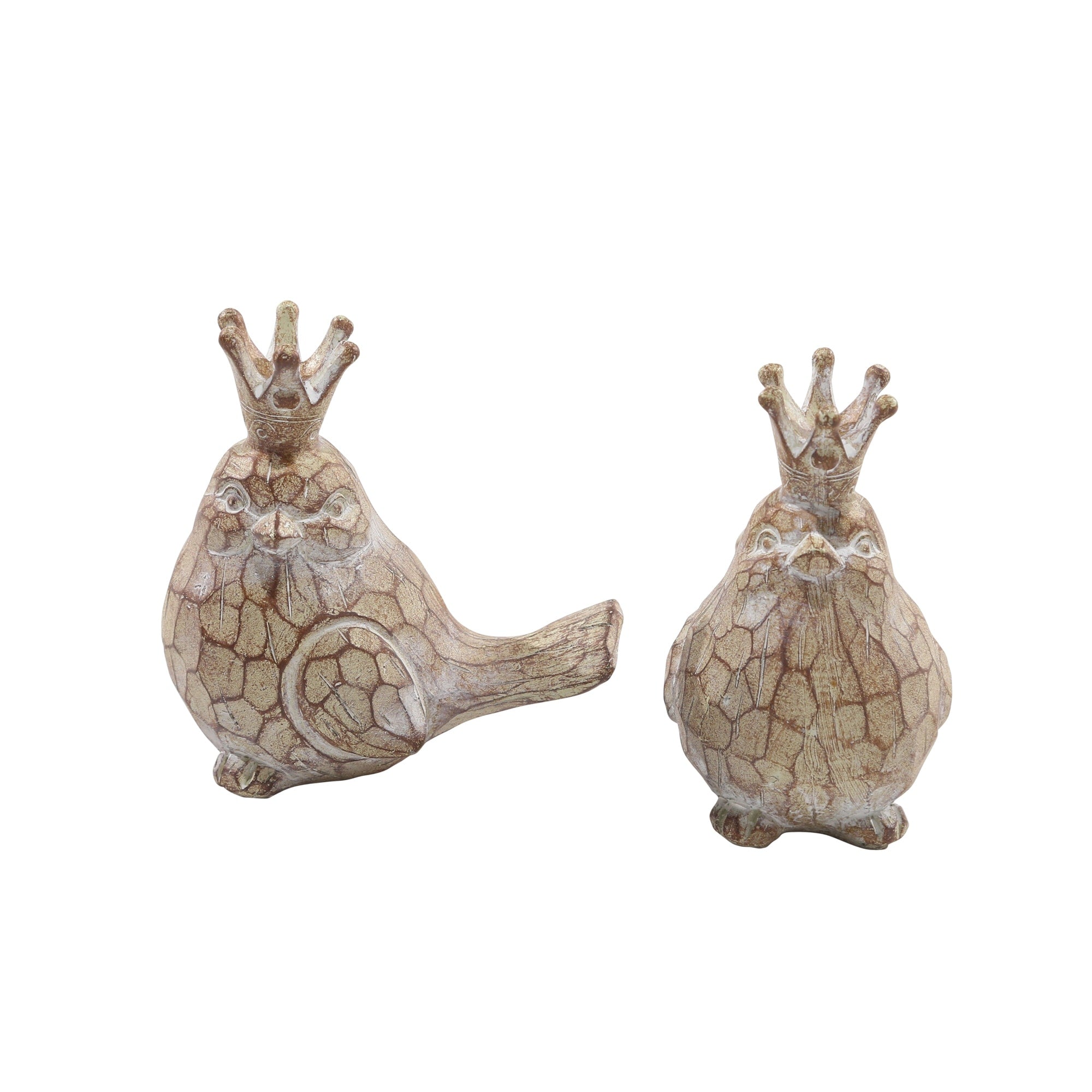 Handmade Ivory and Brown Polyresin Birds with Crowns (Set of 2)