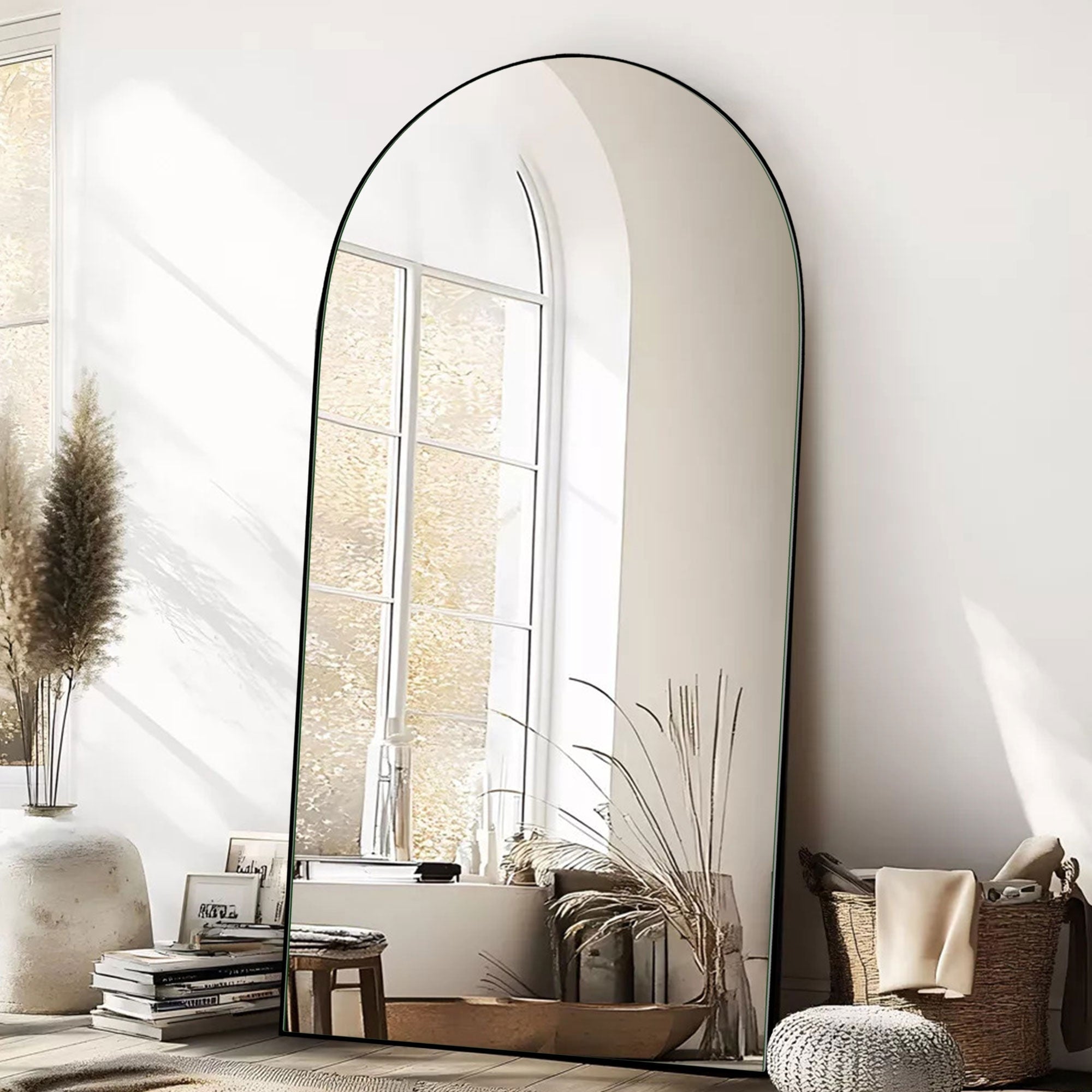 Arched Full-Length Standing Wood Floor Mirror, Wall Mirror