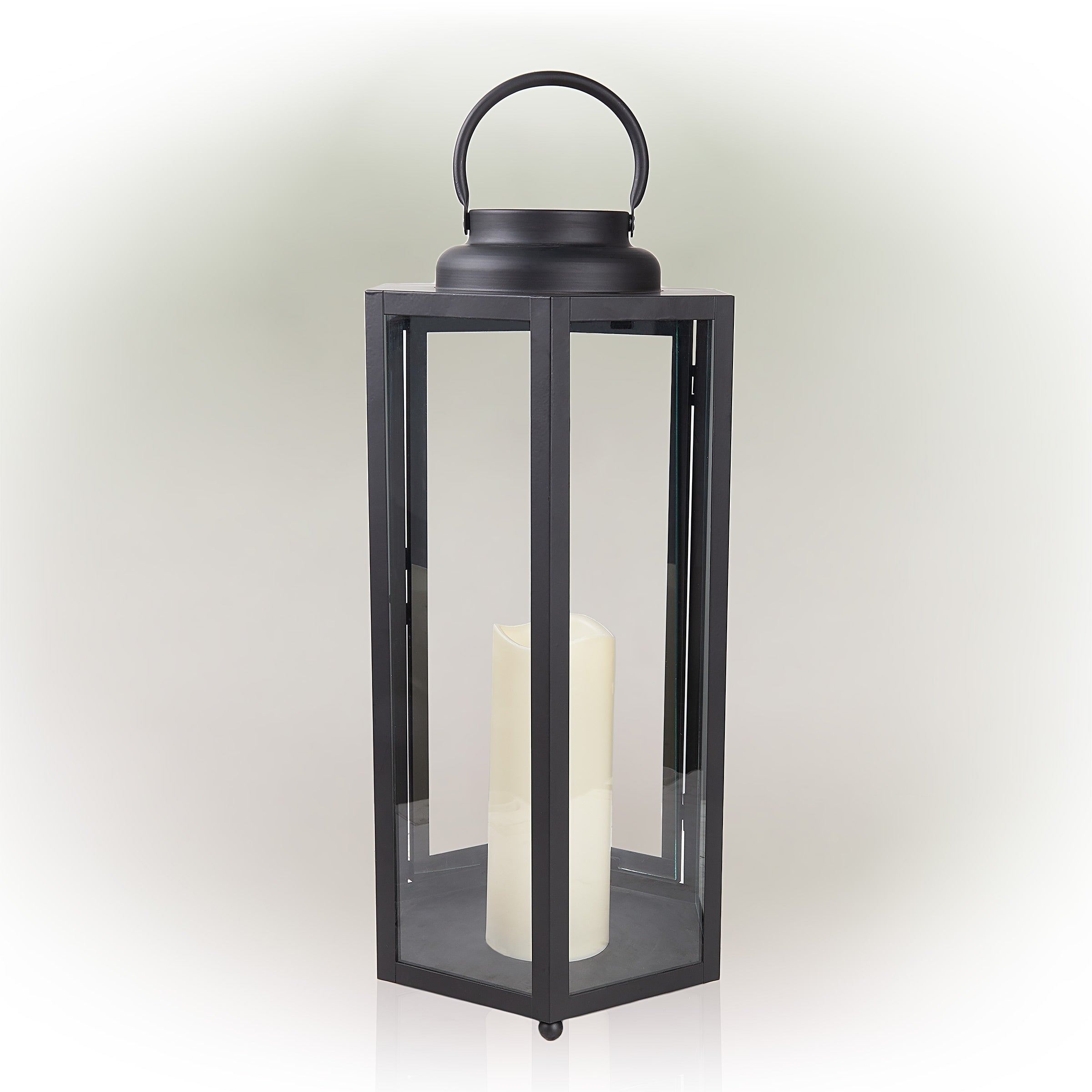 Alpine Corporation 18 Tall Outdoor Hexagonal Battery-Operated Metal Lantern with LED Lights, Black