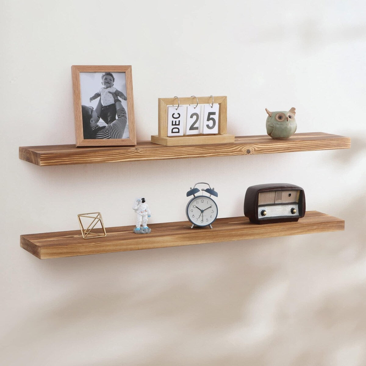 Handcrafted European Pine Natural Rustic Wooden Floating Shelves Wall Mounted Set of 2