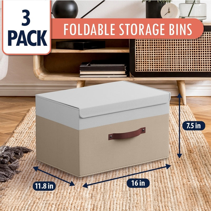 Foldable Collapsible Large Storage Box Bins Linen Fabric Shelf Basket with Leather Handles and Lid - Set of 3