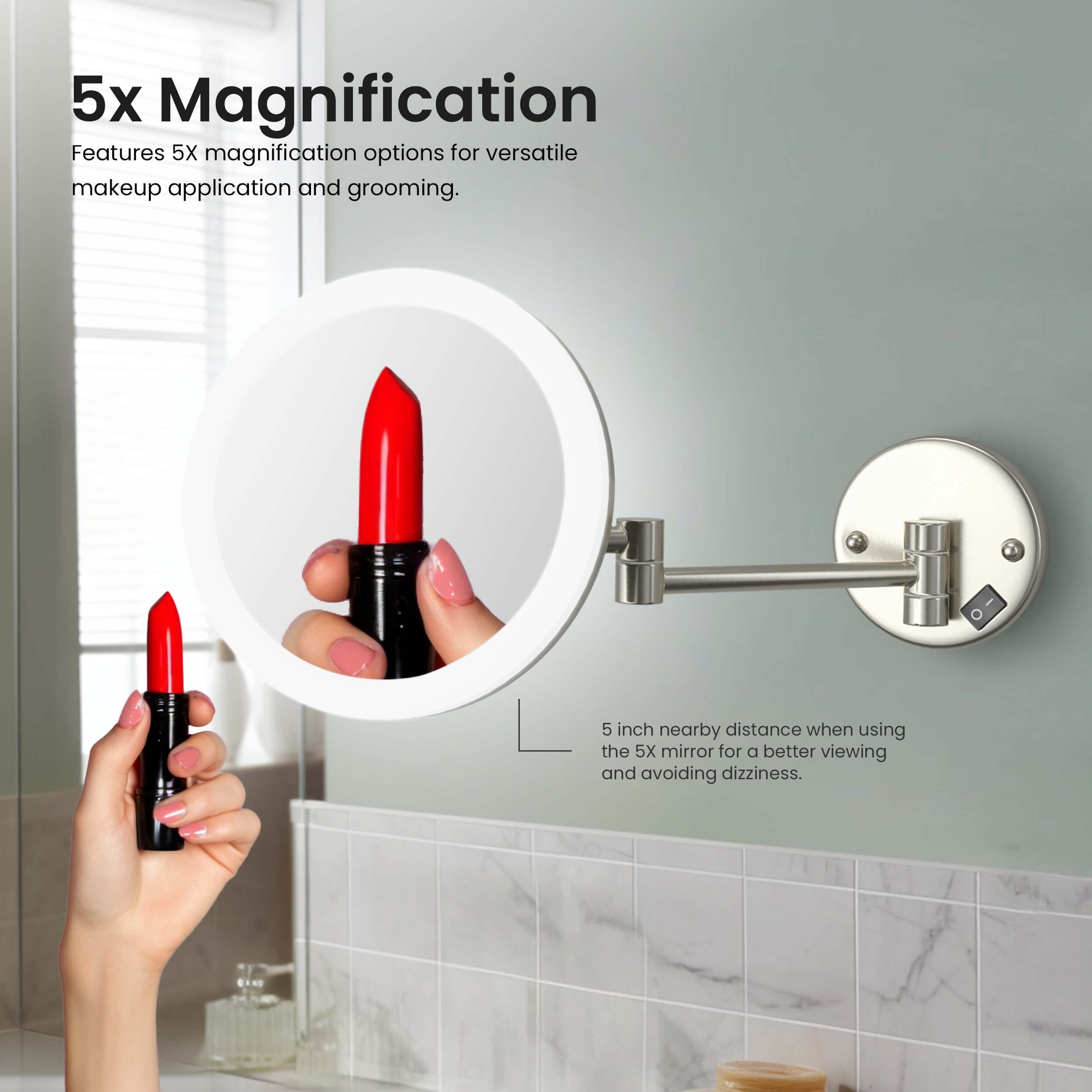 Circular LED Wall Mount One Side 5x Magnifying Make Up Mirror