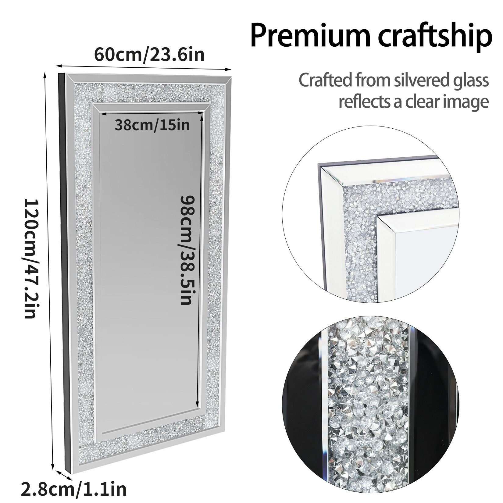 Extra Large Rectangle Glass Crushed Diamond Decor Wall Art Mirror - 48x24