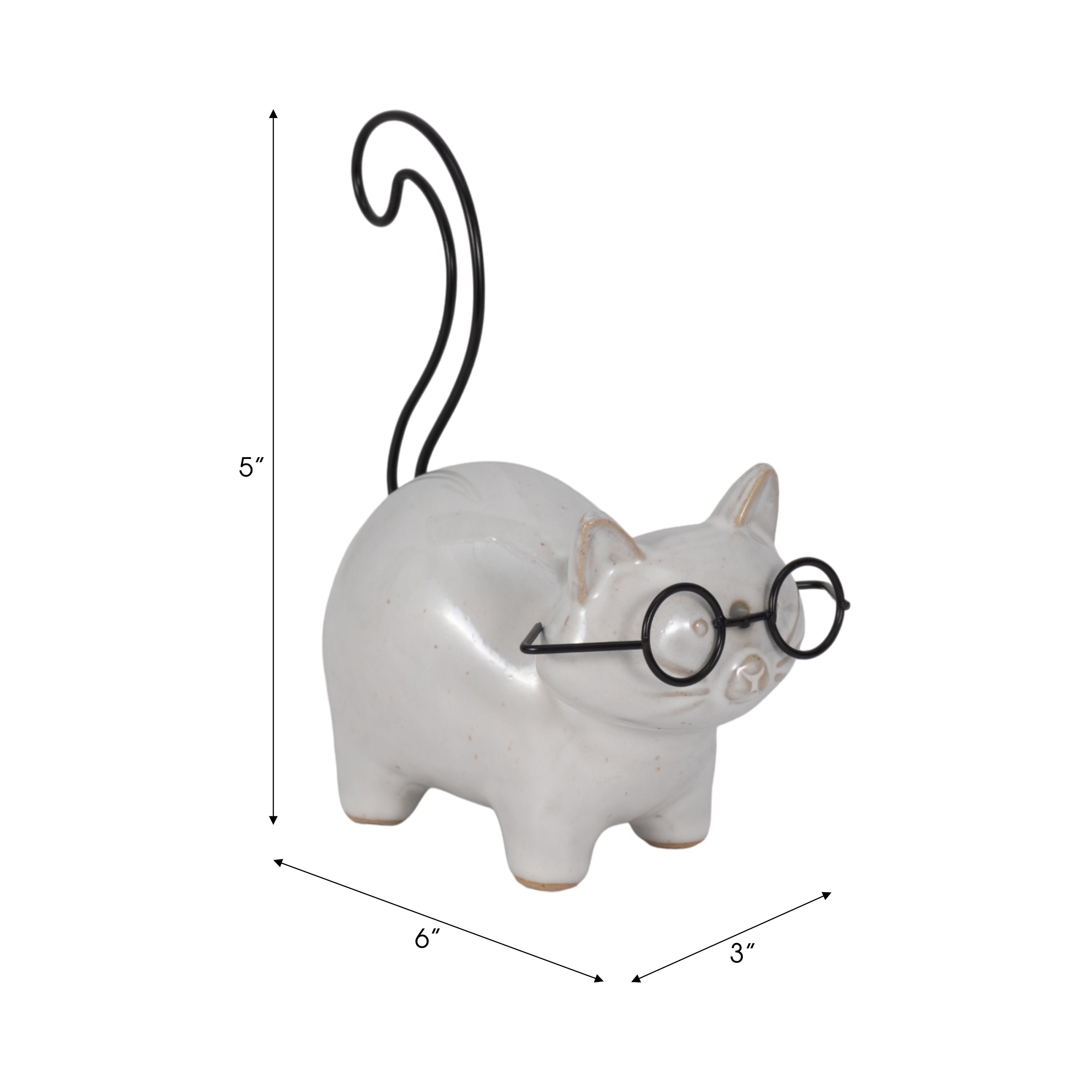 6 Ceramic Kitten with Glasses Figurine, Contemporary White and Black Standing Cat Decorative Accent For Home - 6 x 3 x 5