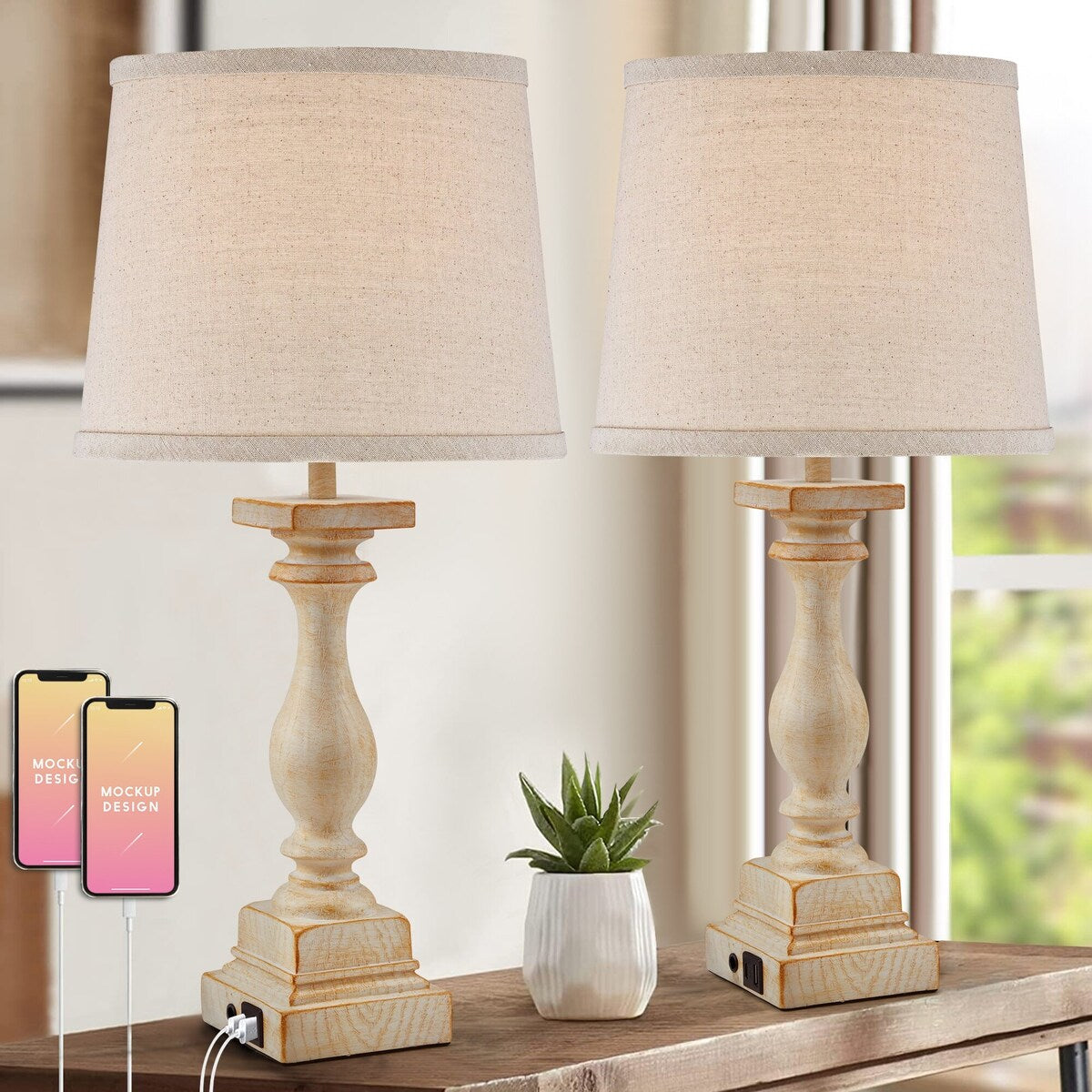 EROMMY Bedside Lamps Set of 2 with Dual USB Ports, 2 bulbs included, and 3-way touch control. Ideal for living rooms, bedrooms.