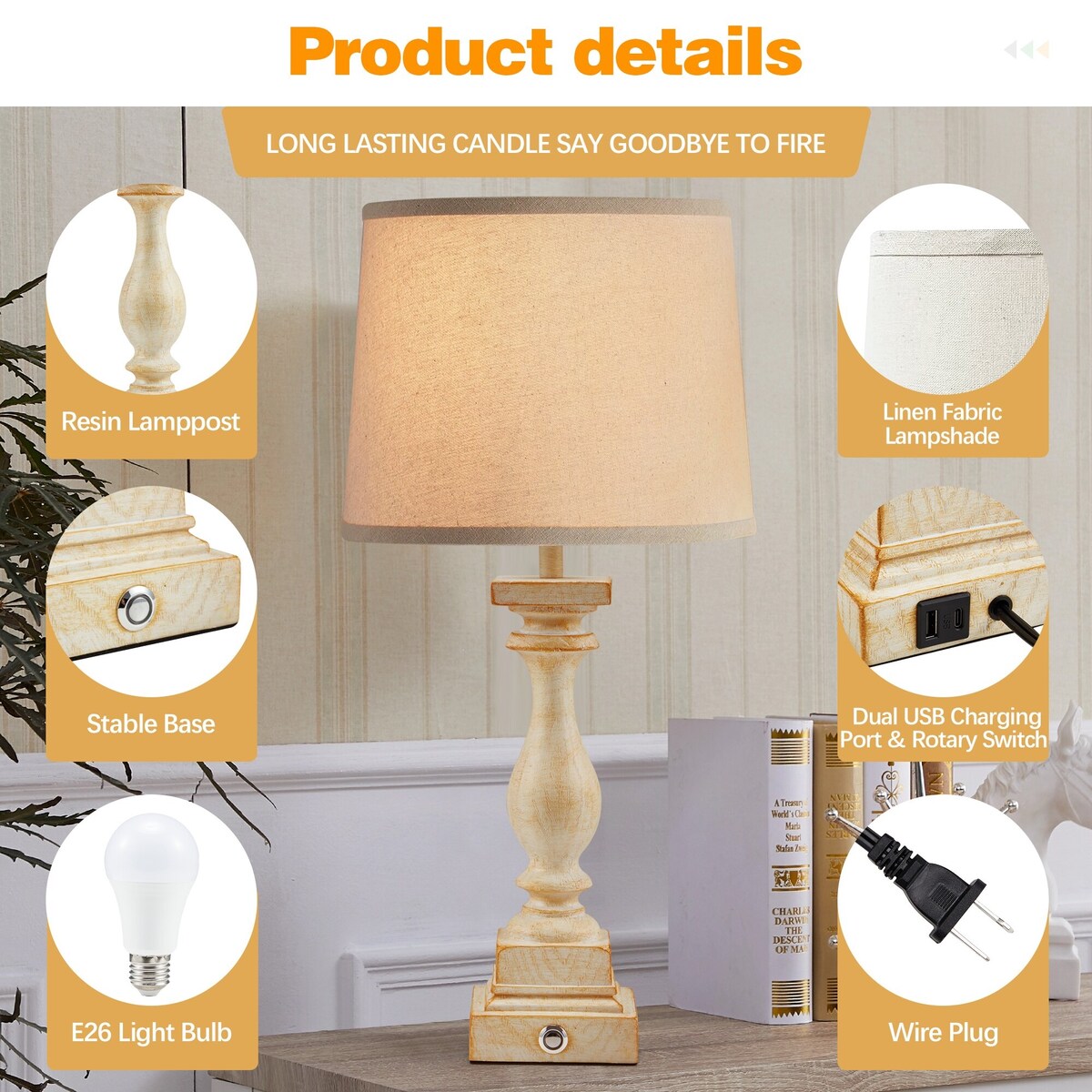 EROMMY Bedside Lamps Set of 2 with Dual USB Ports, 2 bulbs included, and 3-way touch control. Ideal for living rooms, bedrooms.