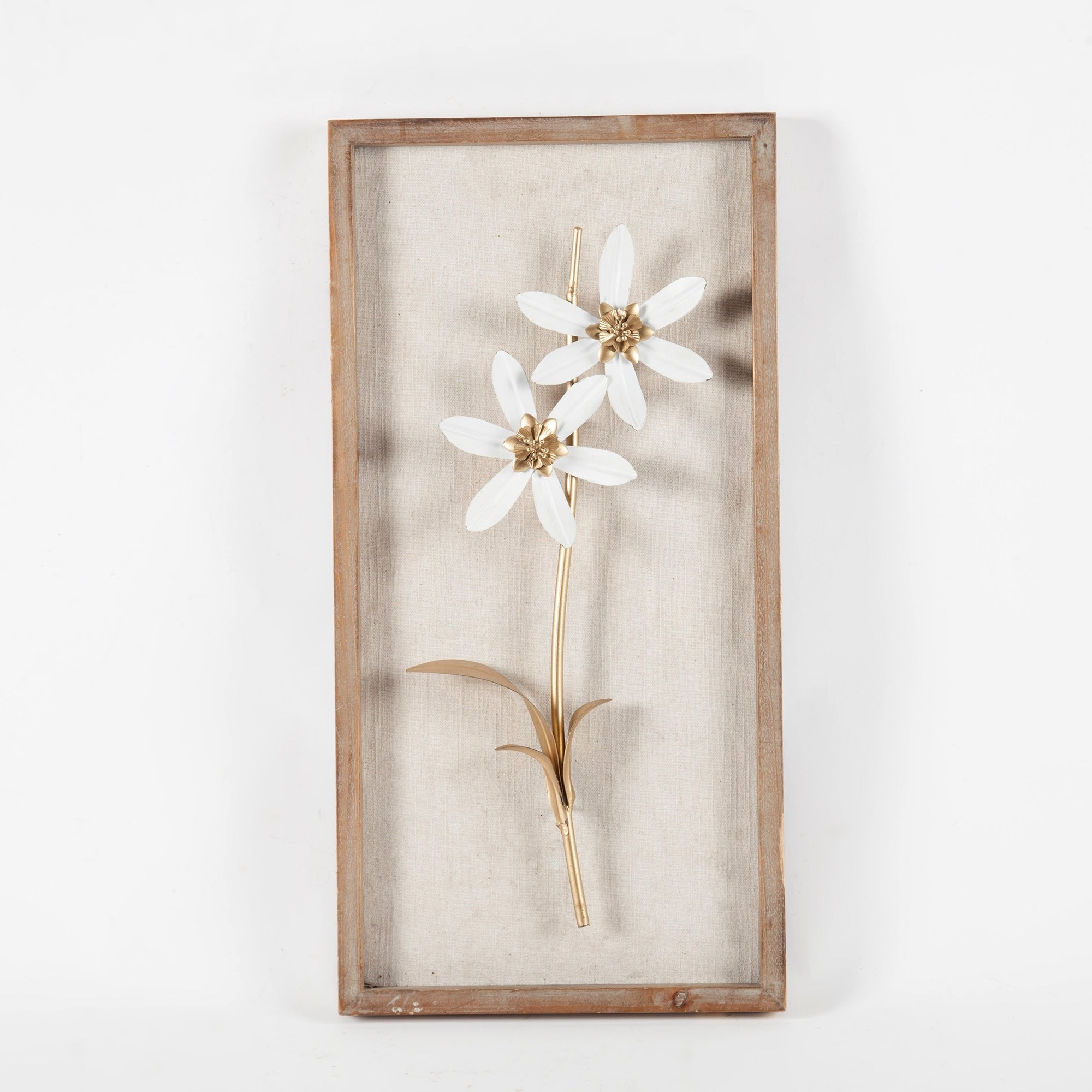 White and Gold Metal Flower Bouquet Wood Frame Wall Decor (Set of 2)