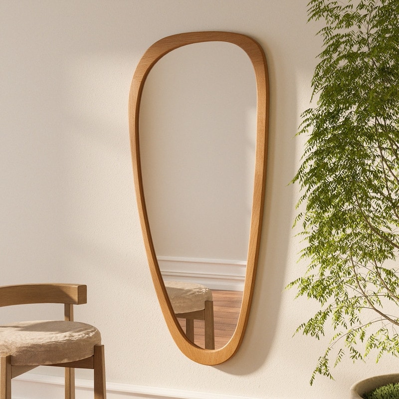 Pine Wooden Frame Asymmetrical Cobblestone Shaped Wall Mirror