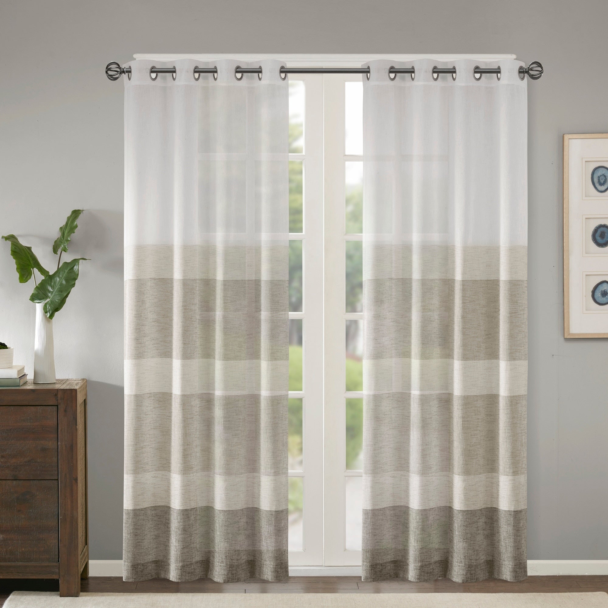 Madison Park Jasper Woven Faux Linen Striped Window Curtain Sheer