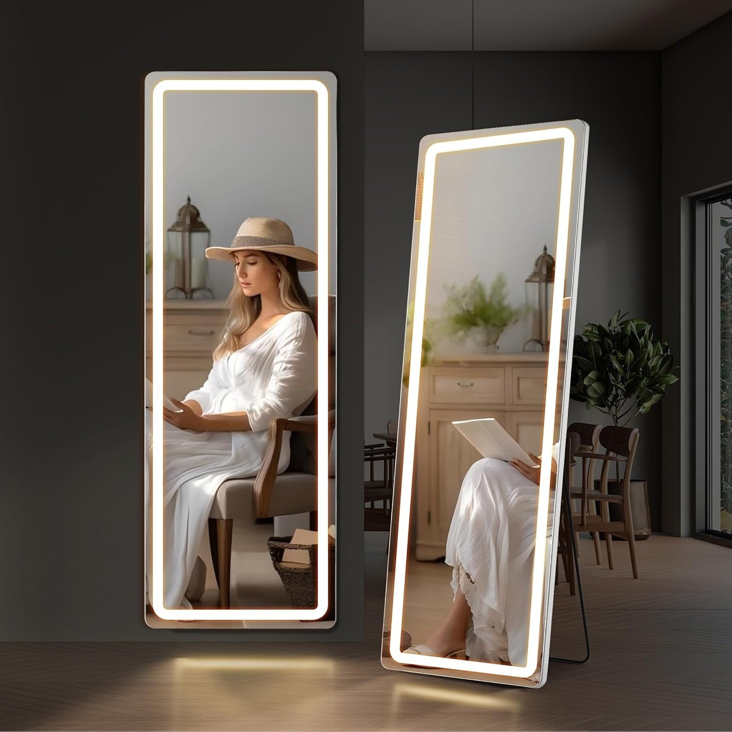 Floor Mirror with LED Light, 64 x 21 Full Length Mirror with Stand, Hanging Mirror Wall Mounted Mirror Full Body Mirror