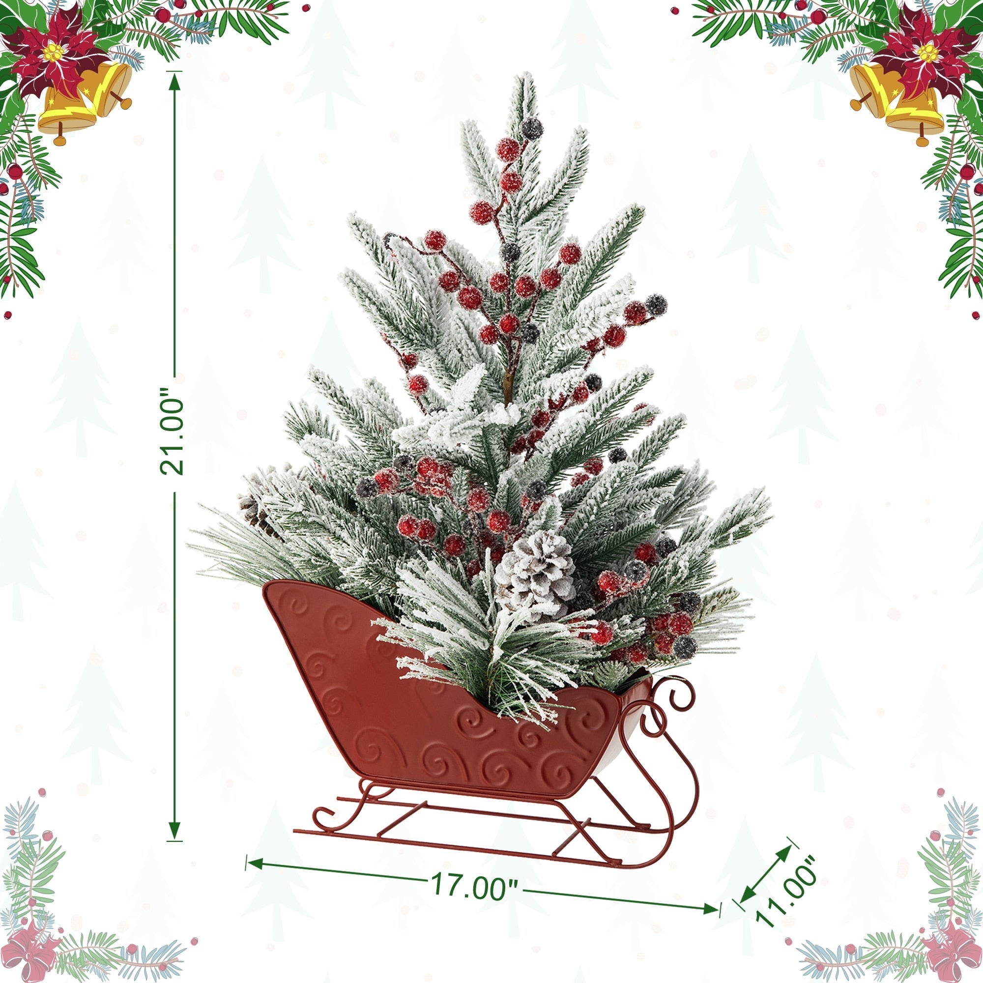 Glitzhome Christmas Red Sleigh Frosted Boot Floral Metal Potted Tree Table Decor