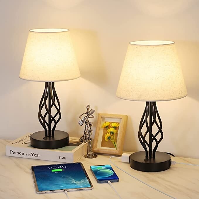 Set of 2 - Bedside Lamp with Dual USB Charging Ports 1 AC Outlet