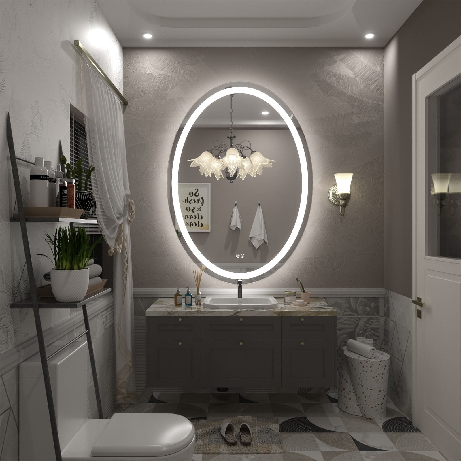 Apmir LED Backlit Bathroom Vanity Mirror Wall Mounted Anti-Fog Oval Touch