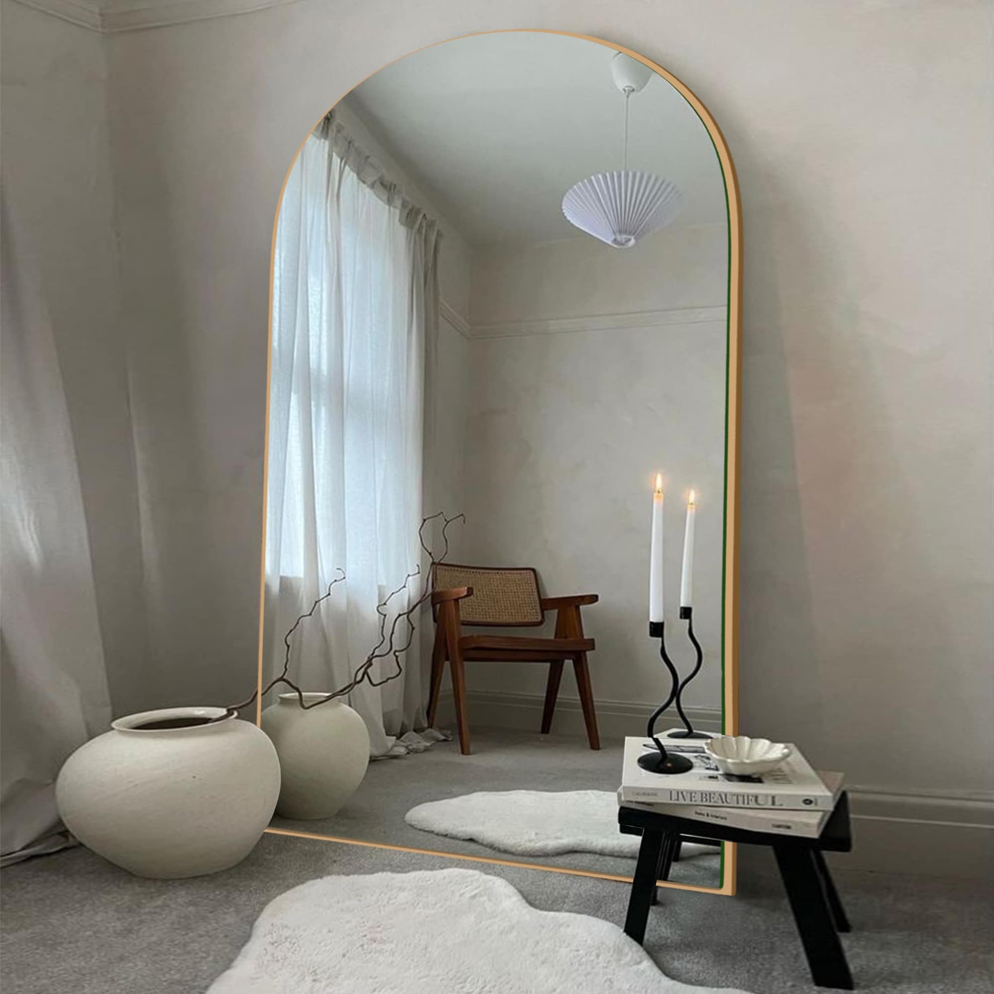 Arched Full-Length Standing Wood Floor Mirror, Wall Mirror