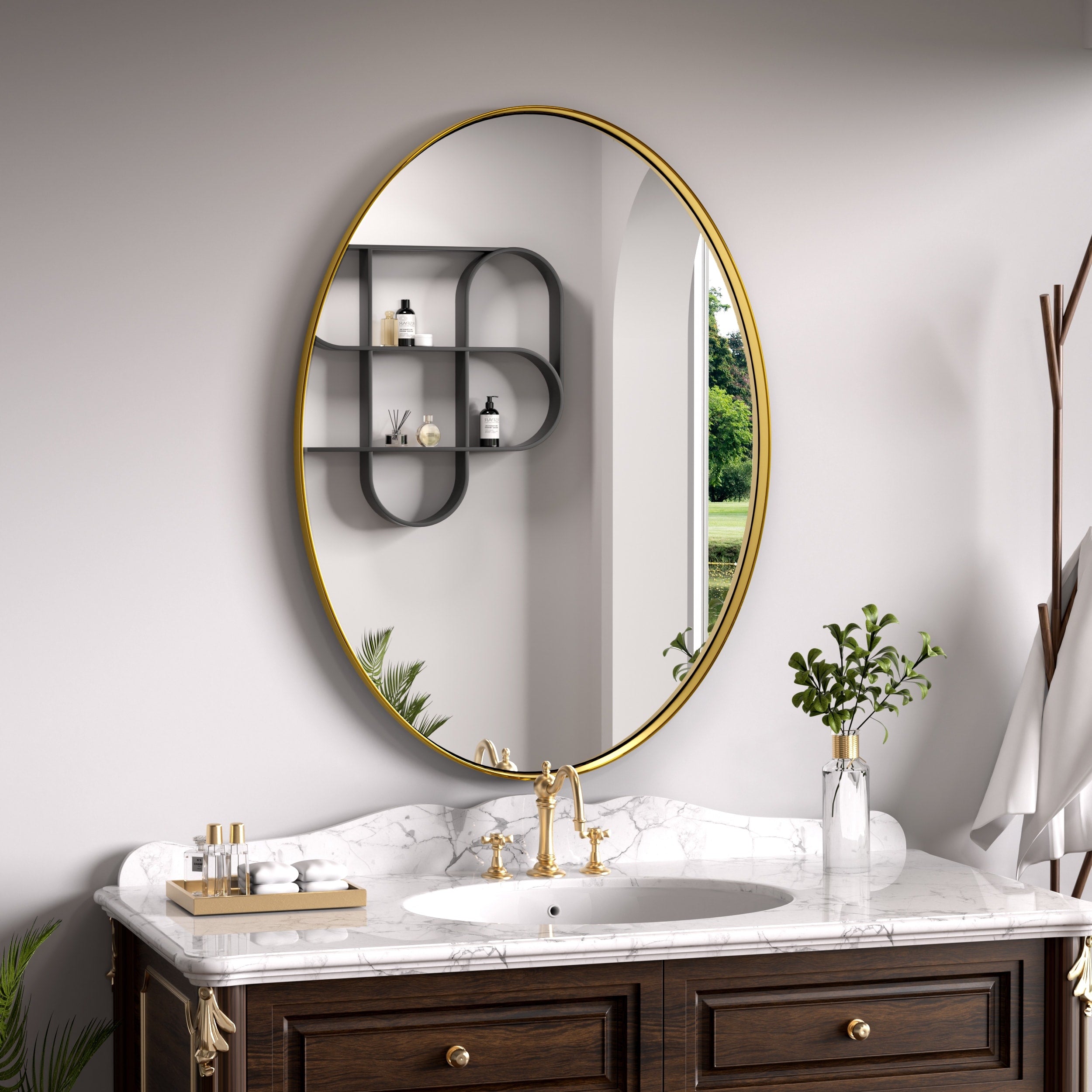 Modern Wall Mirrors, Oval Mirror with Stainless Steel Framed, Bathroom Mirror with Round Corner, Vanity Mirror Accent Mirror