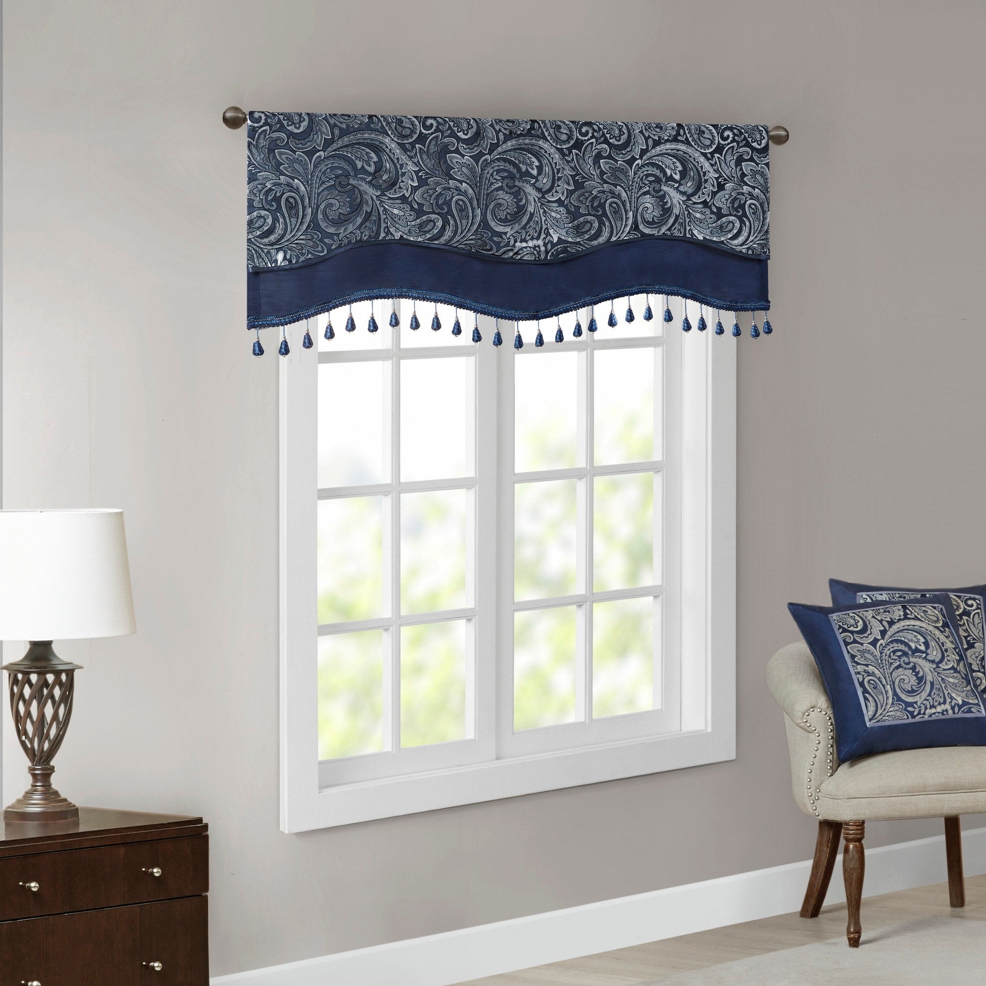 Madison Park Whitman Jacquard Window Rod Pocket Valance with Beads - 50 x 18