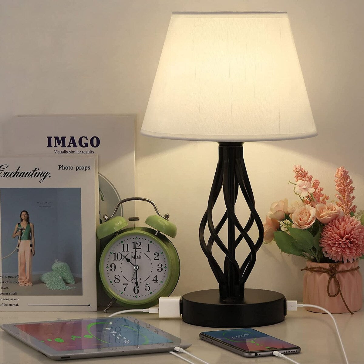 Set of 2 - Bedside Lamp with Dual USB Charging Ports 1 AC Outlet