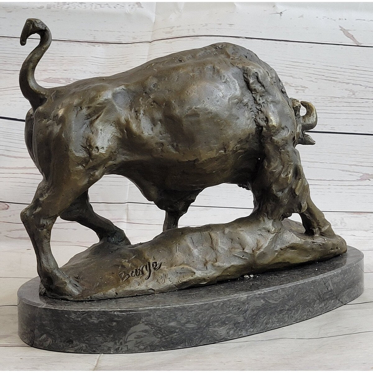 American Buffalo Bison Bull Bronze Sculpture By Barye On Marble Base Figure Art