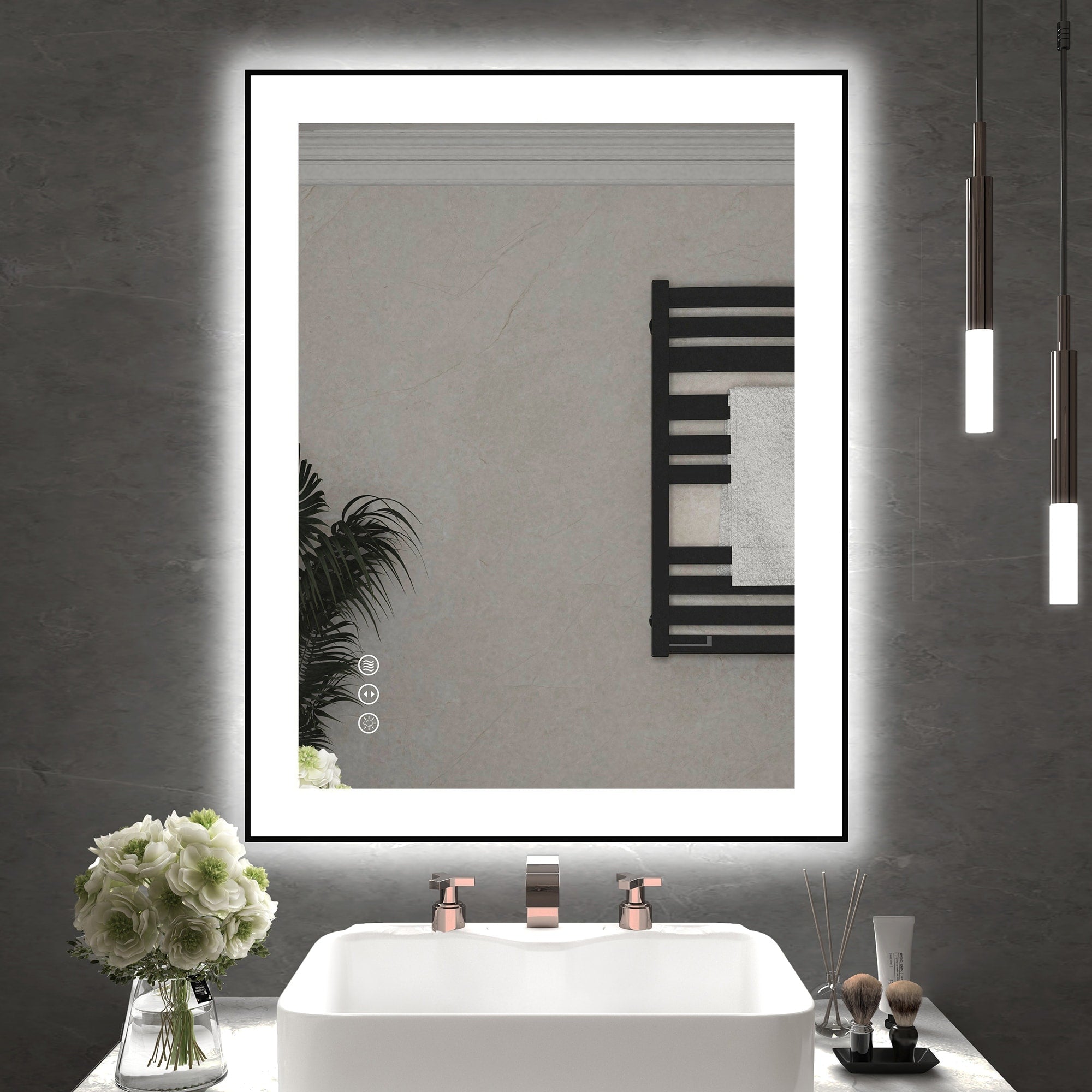 Rectangular Aluminum Framed Backlit and Front Light LED Wall Bathroom Vanity Mirror in Black - N/A