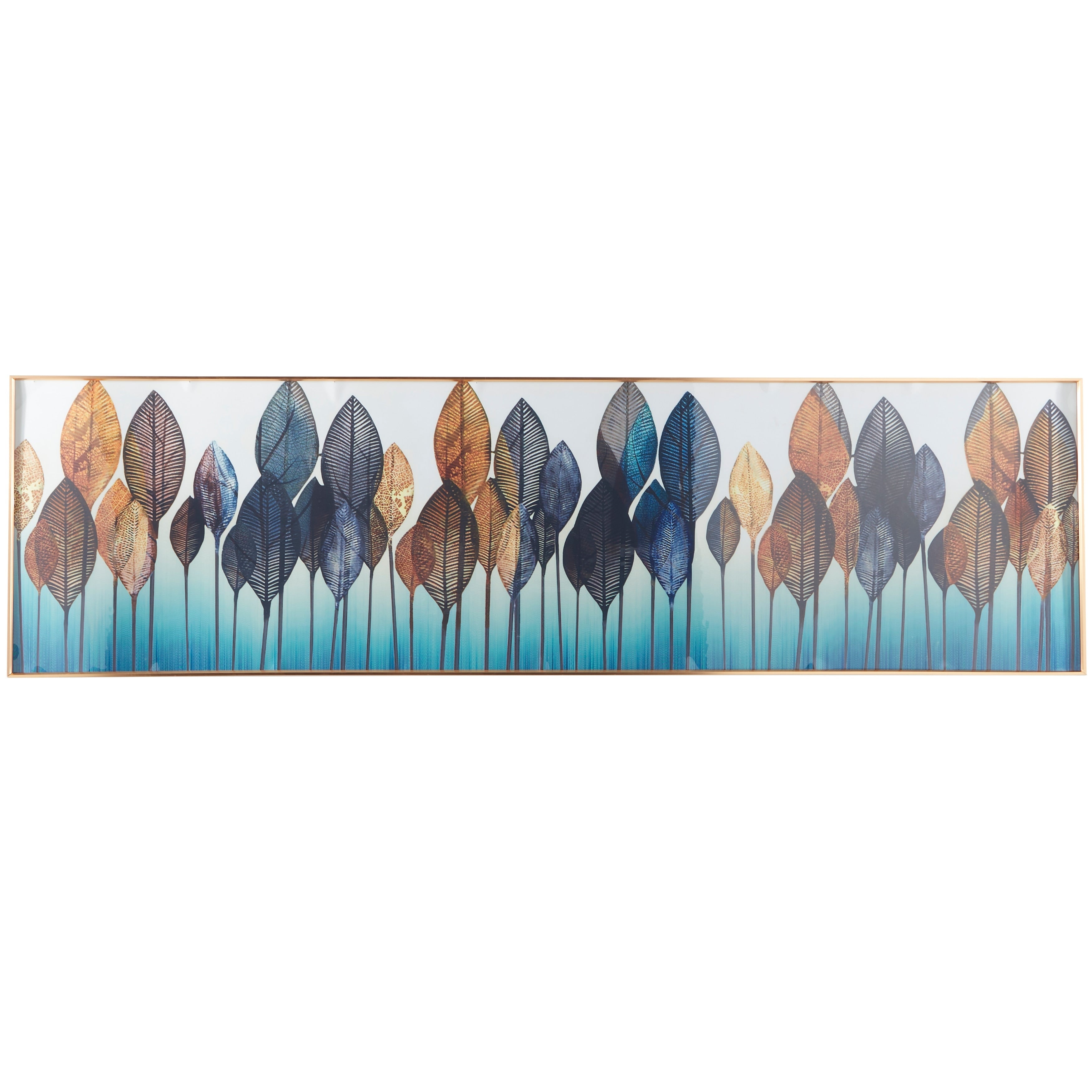 CosmoLiving by Cosmopolitan Blue Porcelain Leaf Framed Wall Art with Gold Aluminum Frame - 1.50W x 71.00L x 20.00H