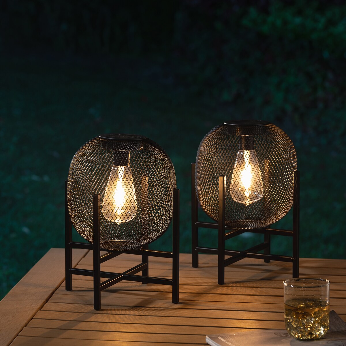 Glitzhome Set of 2 Metal Black Solar Powered Outdoor Lantern with Stand