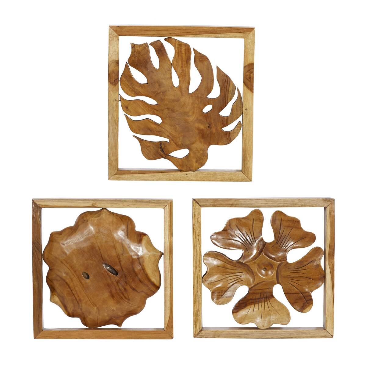 Teak Wood Floral Handmade Framed Carved Leaf and Home Wall Decor - Set of 3 Brown - Roche River Decor