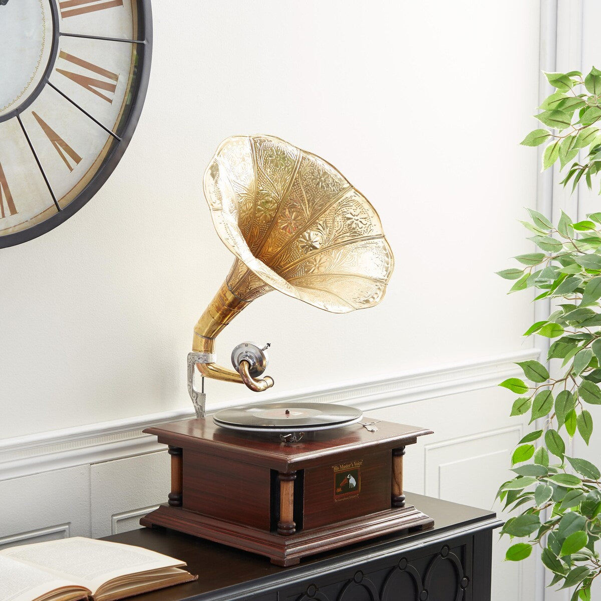 Wood Functional Gramophone with Record - Brown - Roche River Decor