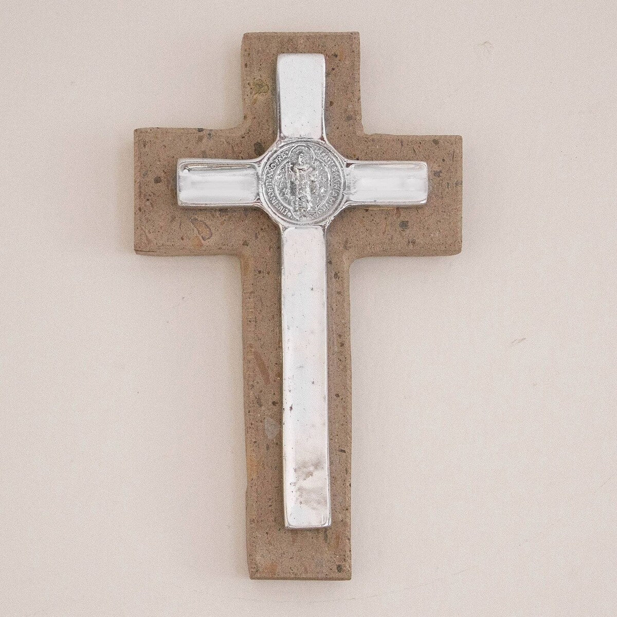 Handmade Saint Benedict Pewter And Reclaimed Stone Wall Cross (Mexico) - 8.25 H x 4.8 W x 1.1 D