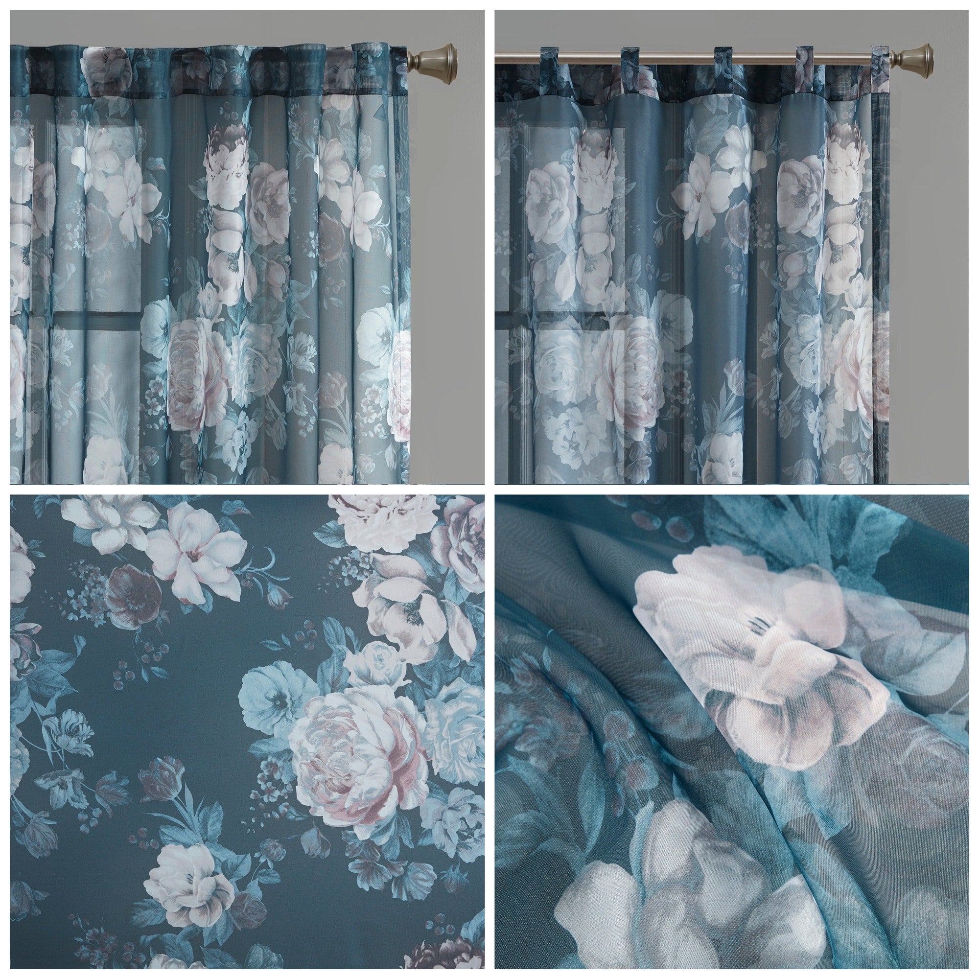 Madison Park Abelia Printed Floral Rod Pocket and Back Tab Voile Sheer Curtain