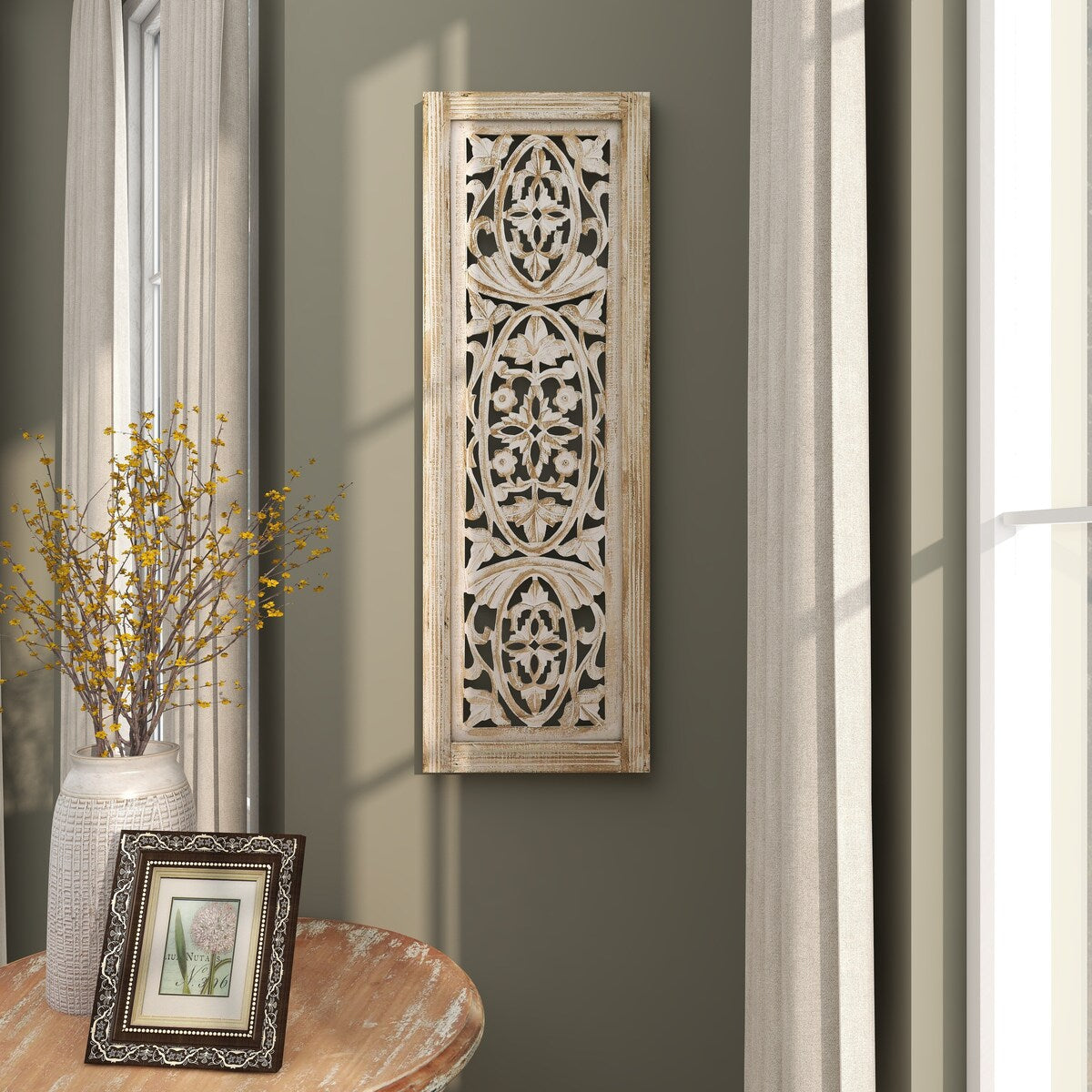 Mango Wood Floral Handmade Intricately Carved Arabesque Home Wall Decor - Cream - Roche River Decor