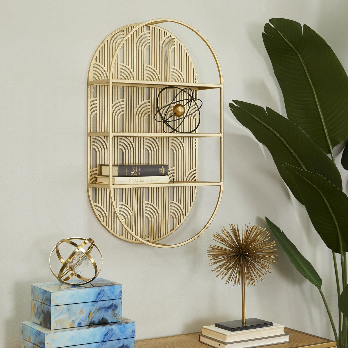 Metal Geometric Oval 3 Level Wall Shelf with Arch Pattern - Gold - CosmoLiving by Cosmopolitan