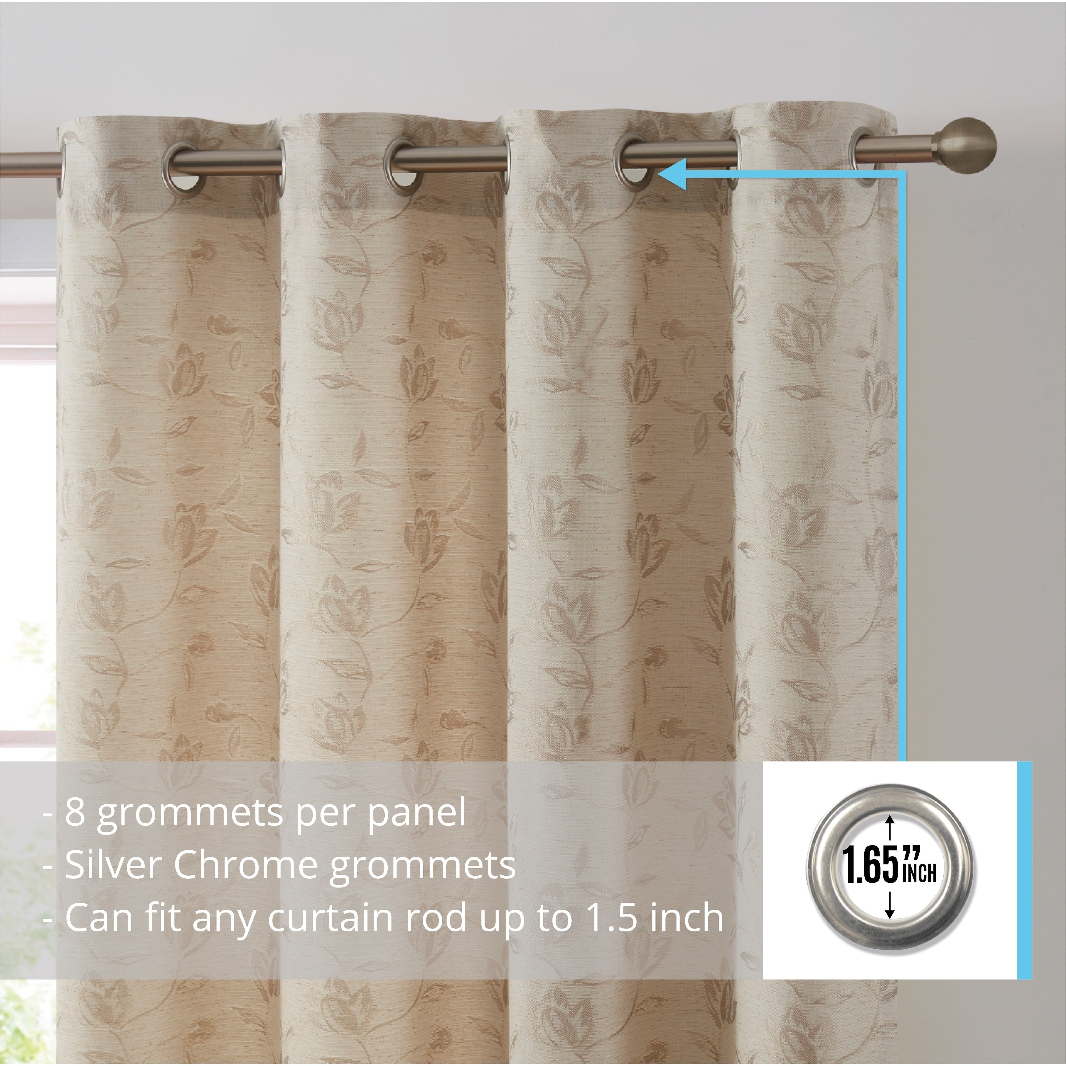 HLC.me Zoey Burlap Flax Linen Floral Jacquard Light Filtering Transparent WindowGrommet Curtain Panels, 2 Panels