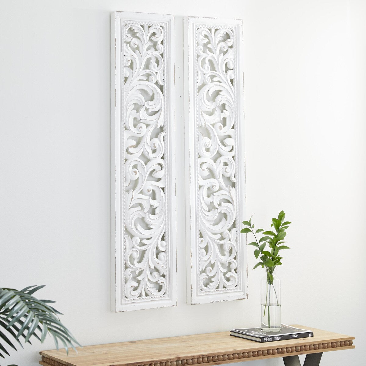 Wood Scroll Handmade Slim Distressed Carved Panel Home Wall Decor - Set of 2 White - Roche River Decor