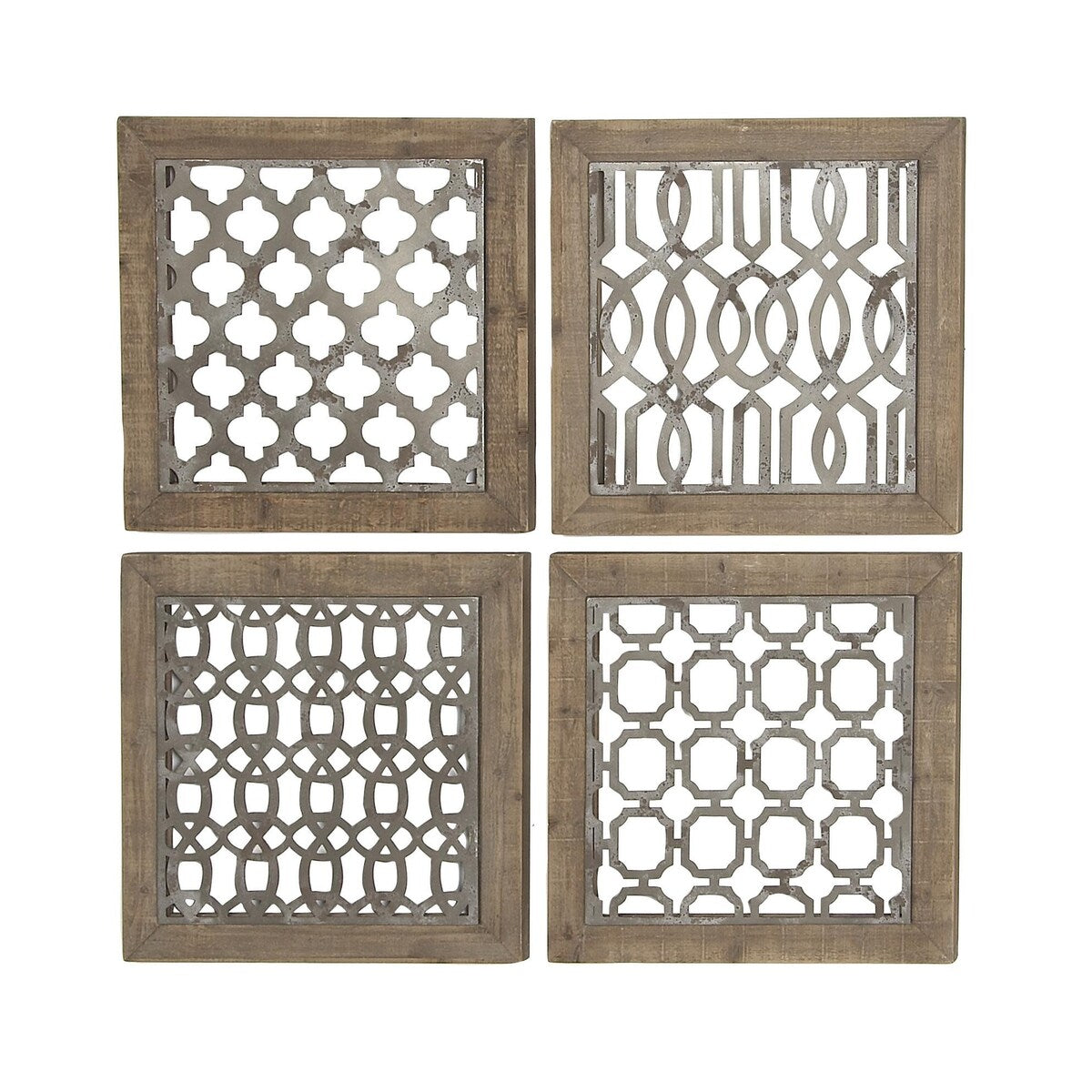 Wood Geometric Home Wall Decor with Silver Metal Trellis Cutouts - Set of 4 Brown - Roche River Decor