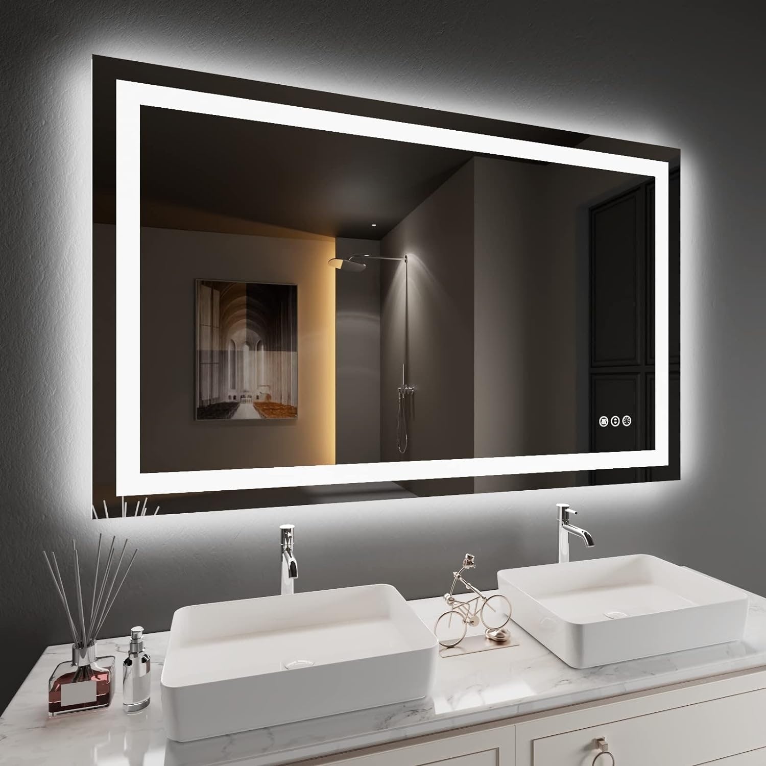 KIOTEE LED Mirror Lights Anti-Fog Frameless Bathroom Vanity Mirror in Tempered Glass