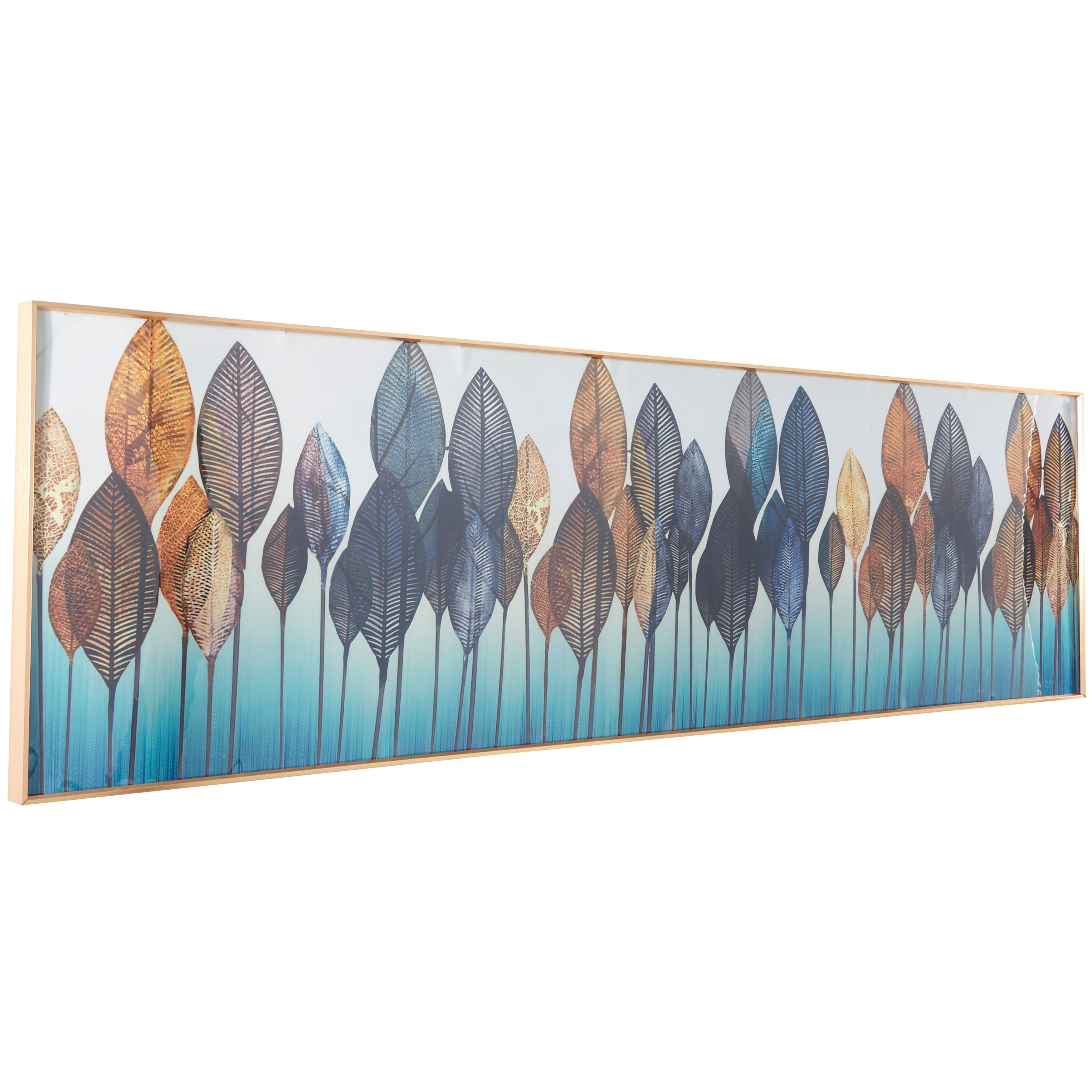 CosmoLiving by Cosmopolitan Blue Porcelain Leaf Framed Wall Art with Gold Aluminum Frame - 1.50W x 71.00L x 20.00H