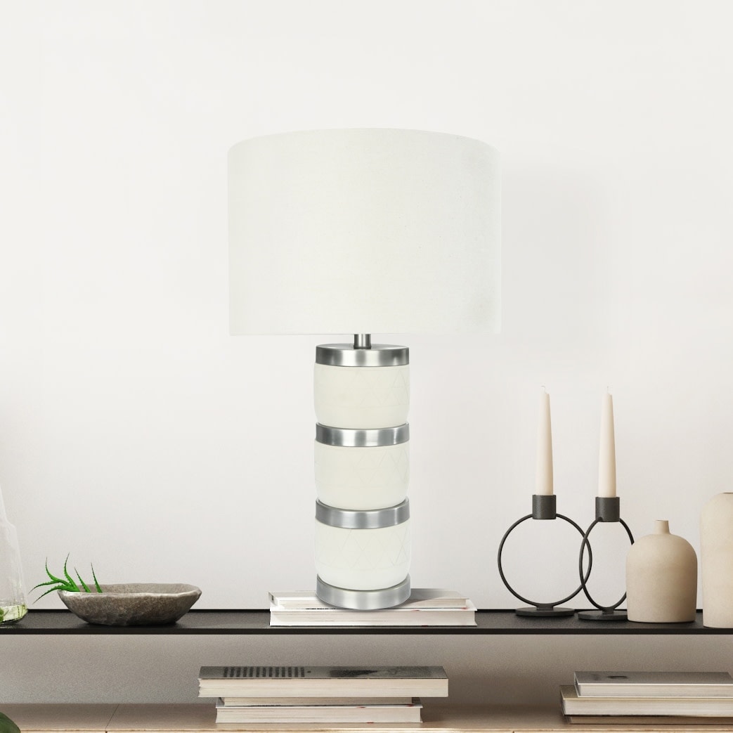 Raw Concrete Table Lamp with Diamond Design and Metal Accents