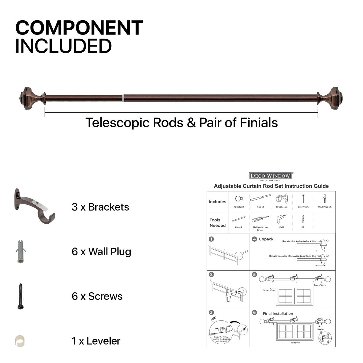 Deco window 3/4 Inch Adjustable Antique Copper Curtain Rod for Windows & Door with Hexagon Finials & Brackets Set