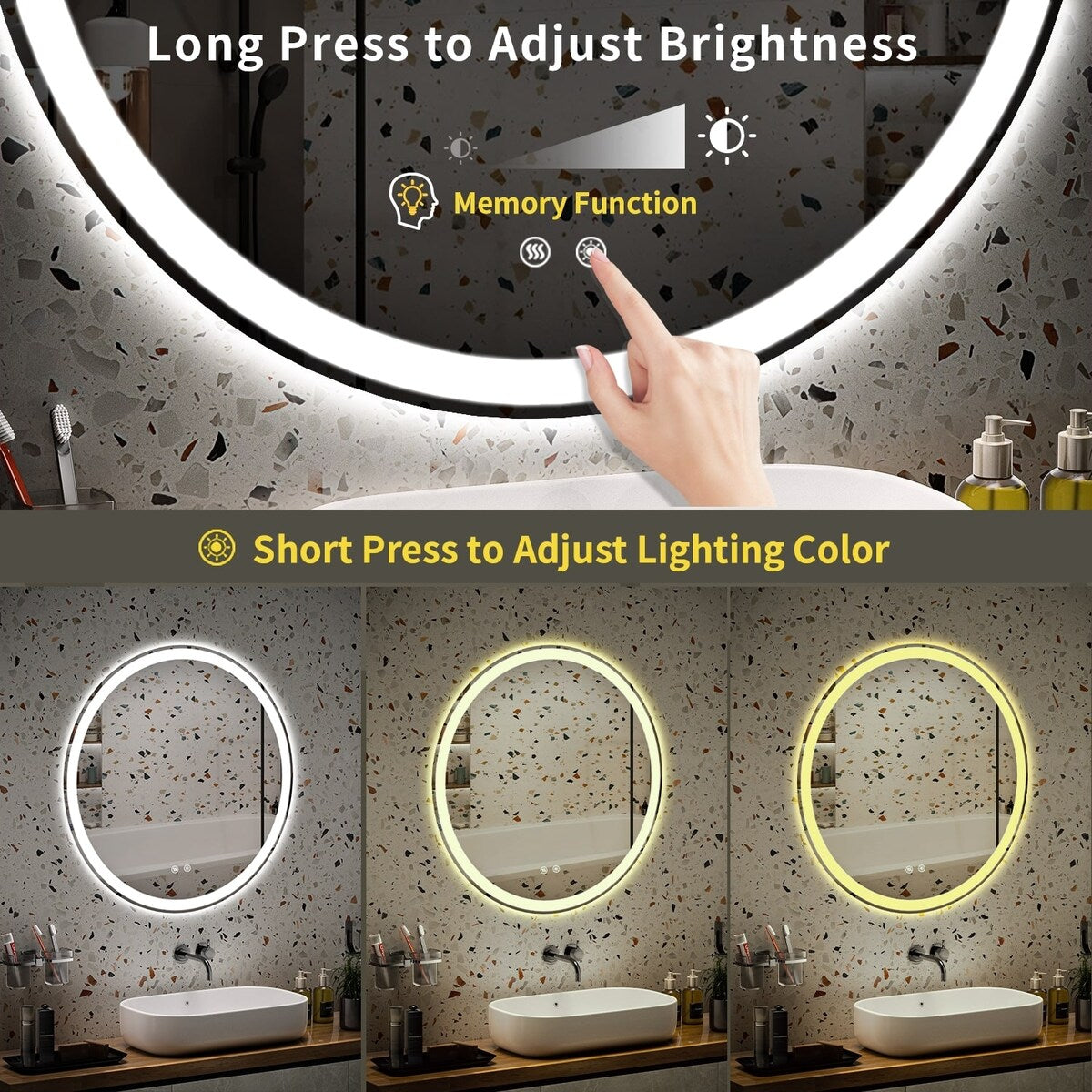 LED Lighted Dimmable Anti Fog Frameless Rounded Vanity Mirror