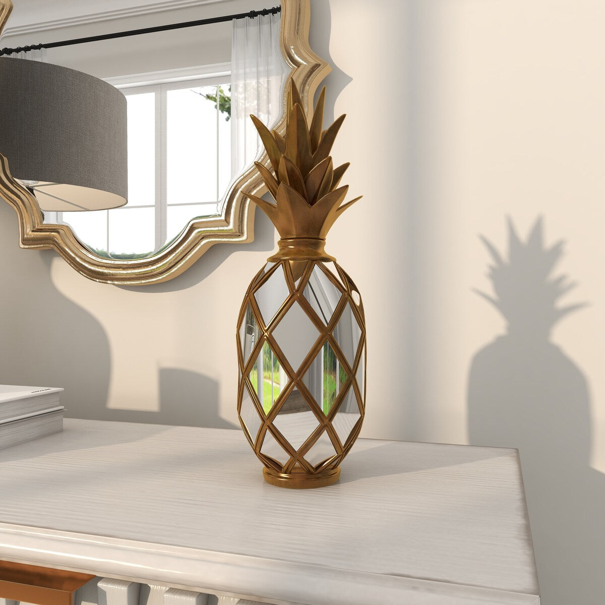 Polystone Fruit Pineapple Decorative Sculpture with Mirror Accents - Gold - Roche River Decor