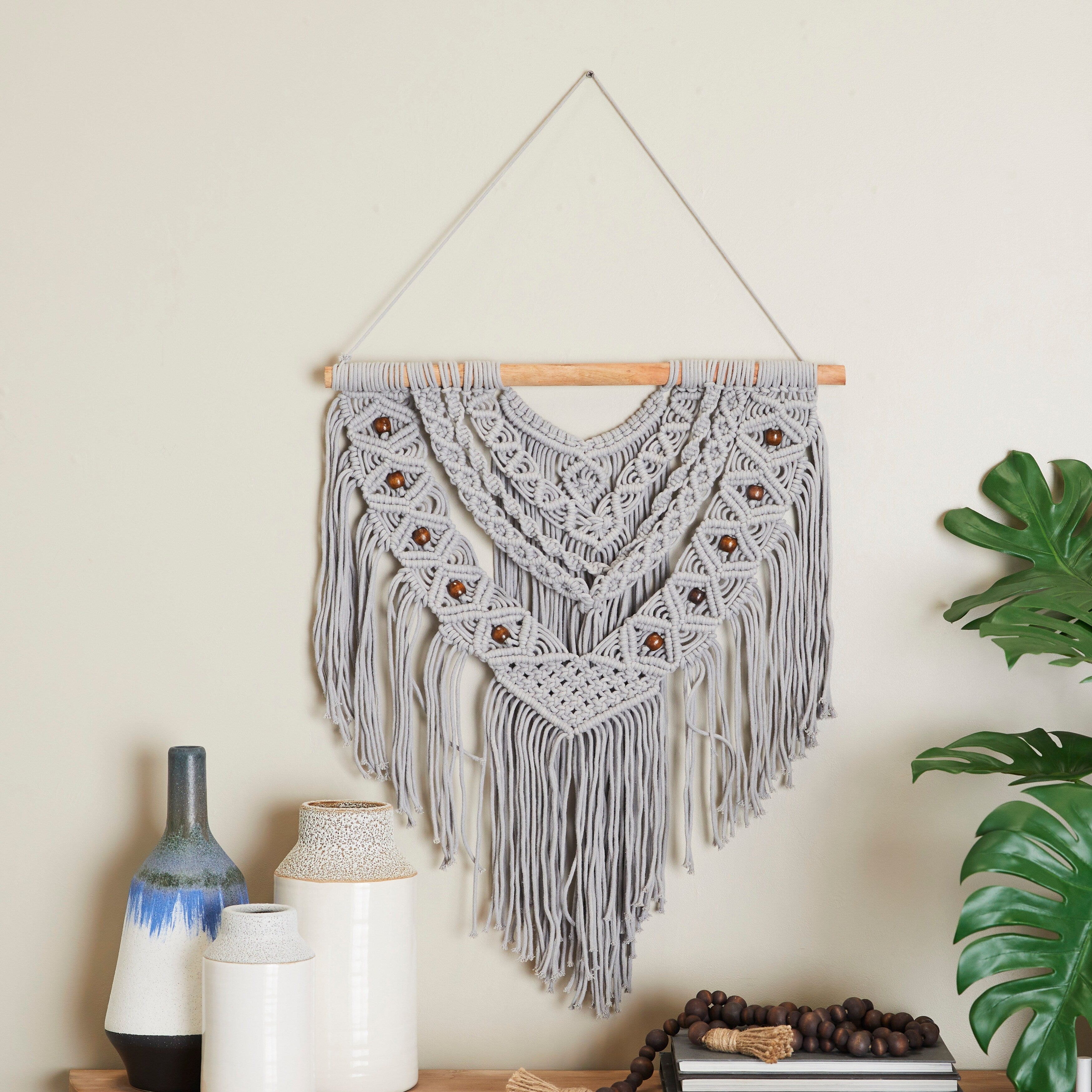 Cotton Handmade Intricately Weaved Macrame Wall Decor with Beaded Fringe Tassels - Gray or Cream